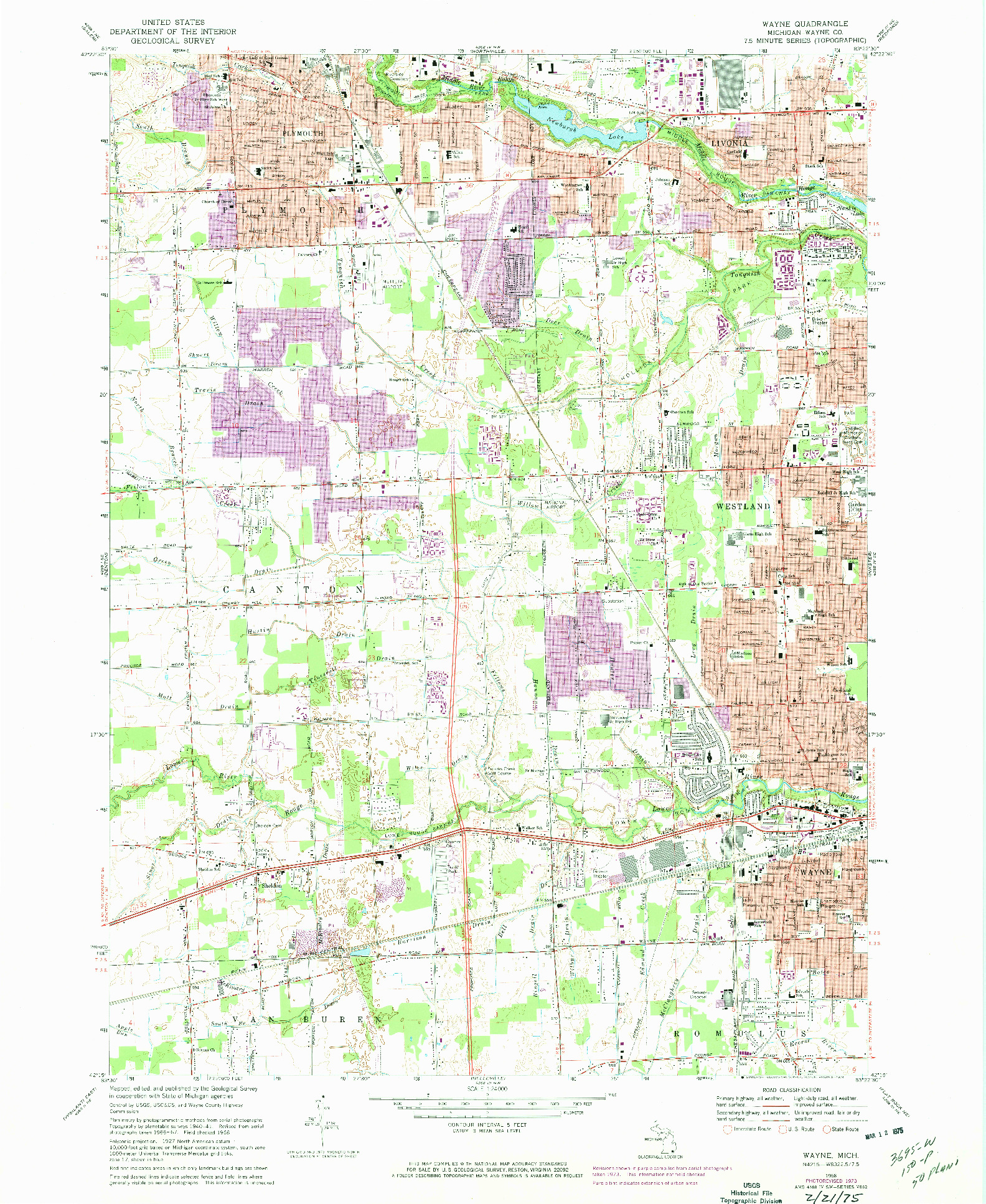 USGS 1:24000-SCALE QUADRANGLE FOR WAYNE, MI 1968