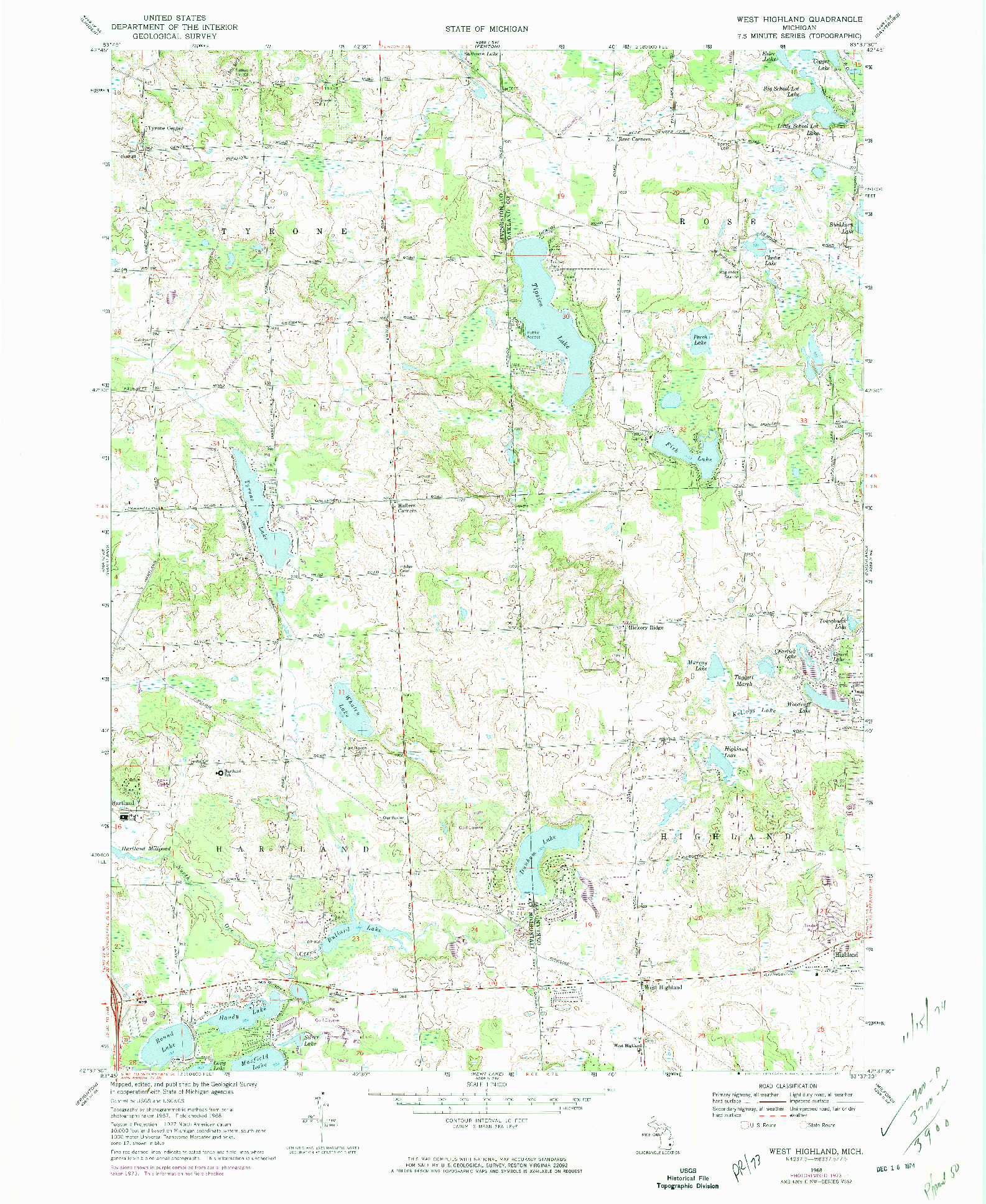 USGS 1:24000-SCALE QUADRANGLE FOR WEST HIGHLAND, MI 1968