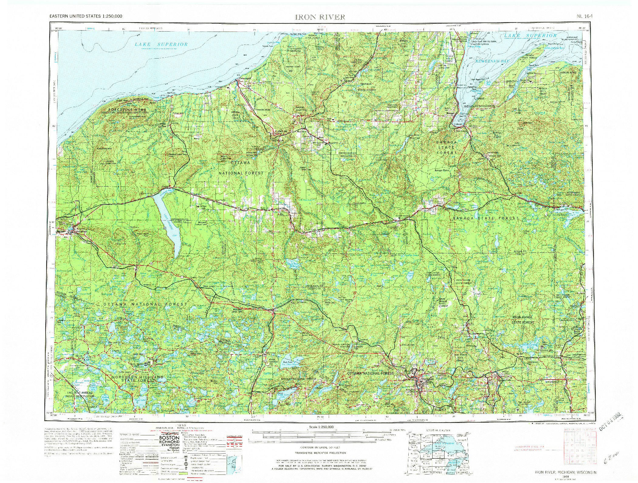 USGS 1:250000-SCALE QUADRANGLE FOR IRON RIVER, MI 1958