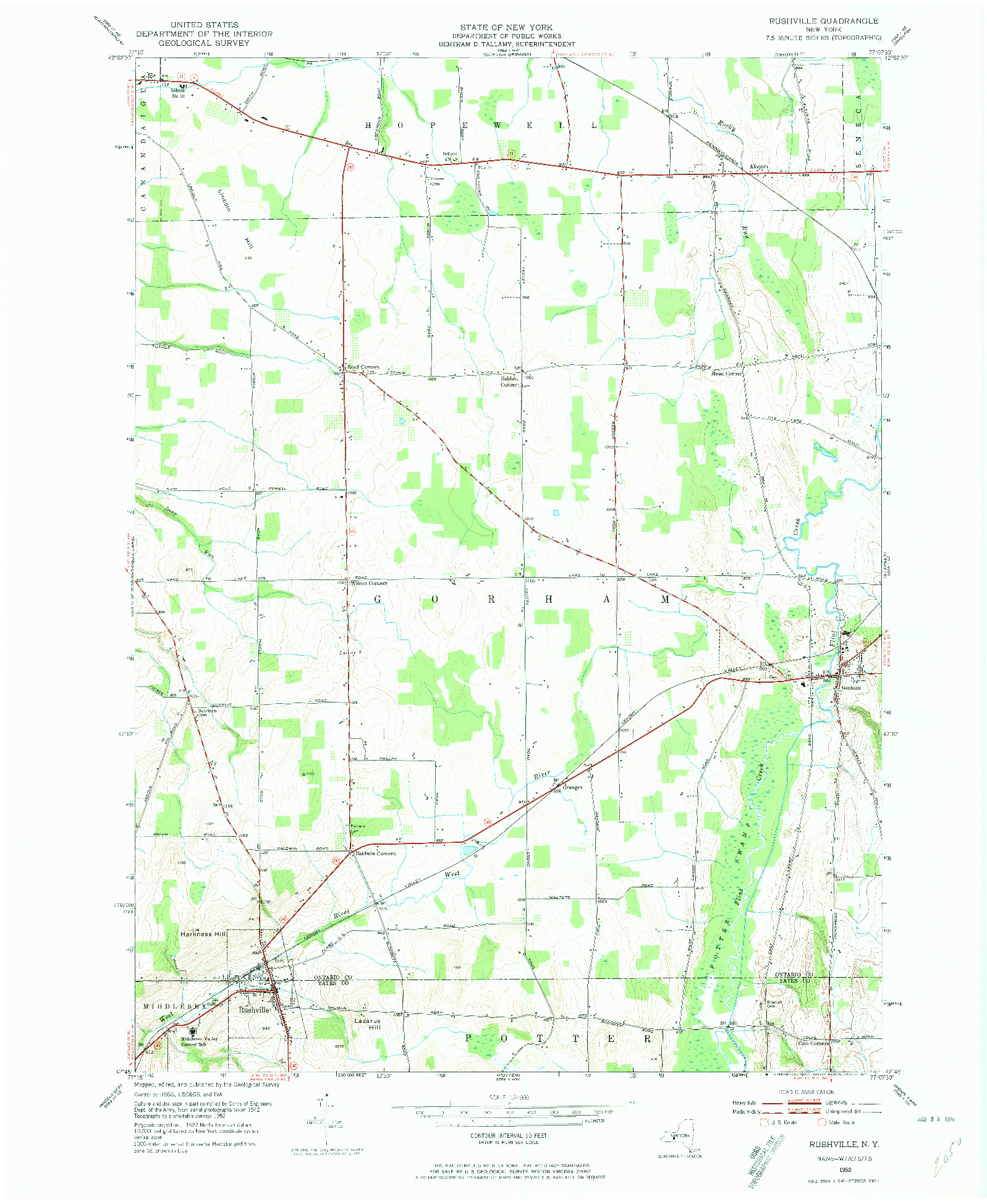 USGS 1:24000-SCALE QUADRANGLE FOR RUSHVILLE, NY 1952