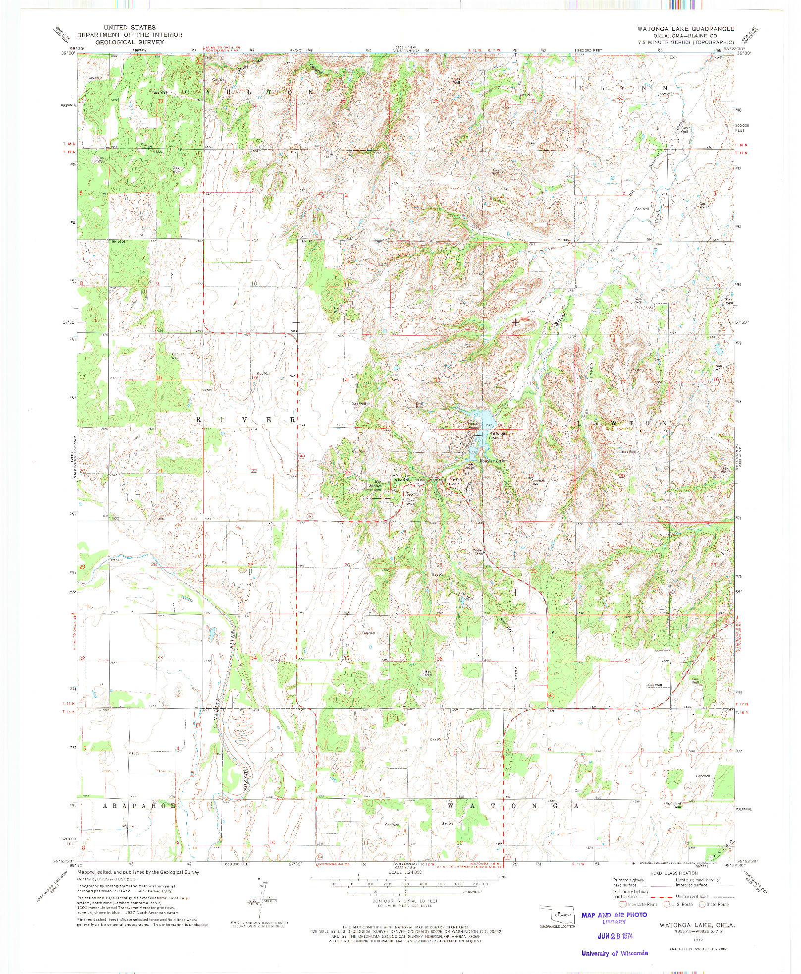 USGS 1:24000-SCALE QUADRANGLE FOR WATONGA LAKE, OK 1972