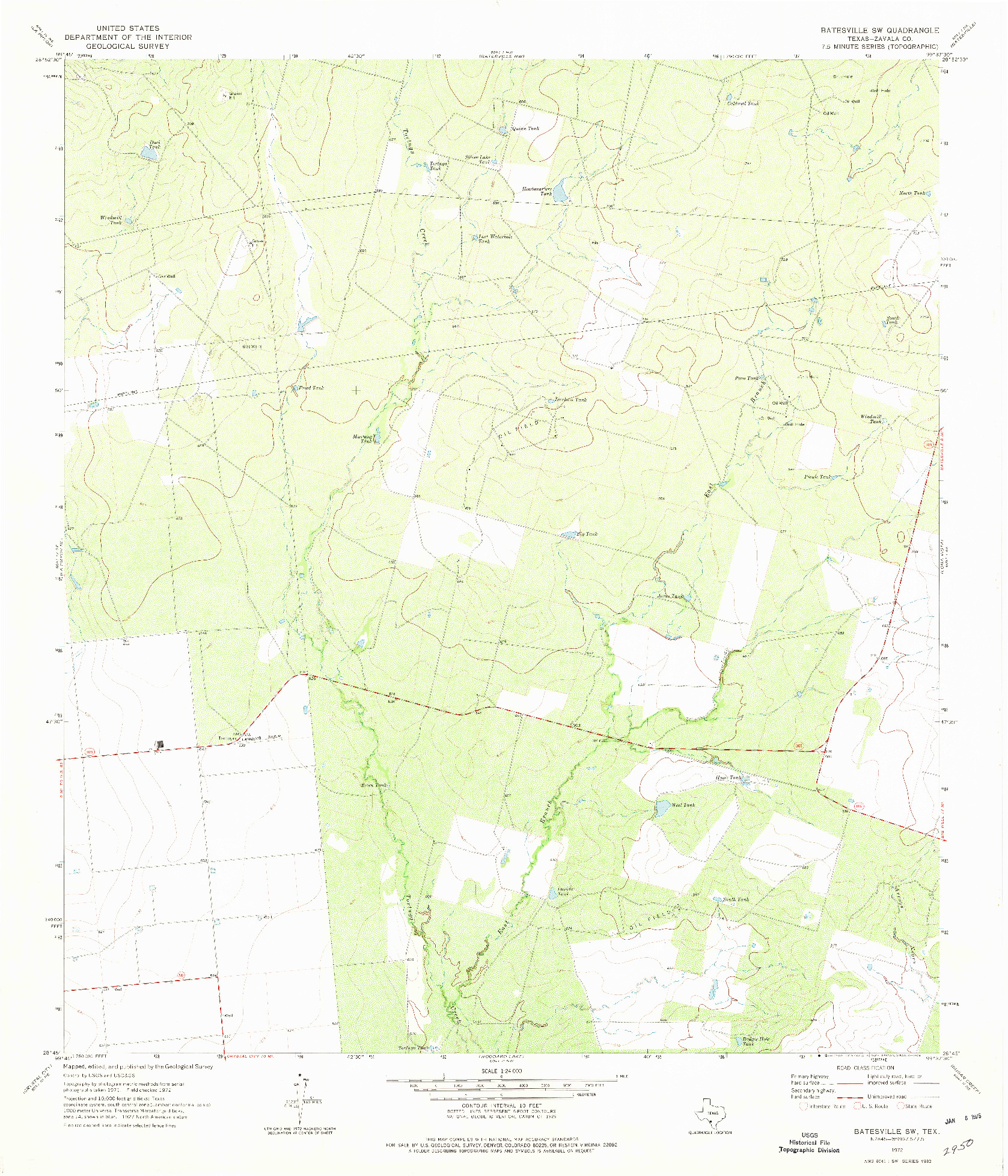 USGS 1:24000-SCALE QUADRANGLE FOR BATESVILLE SW, TX 1972