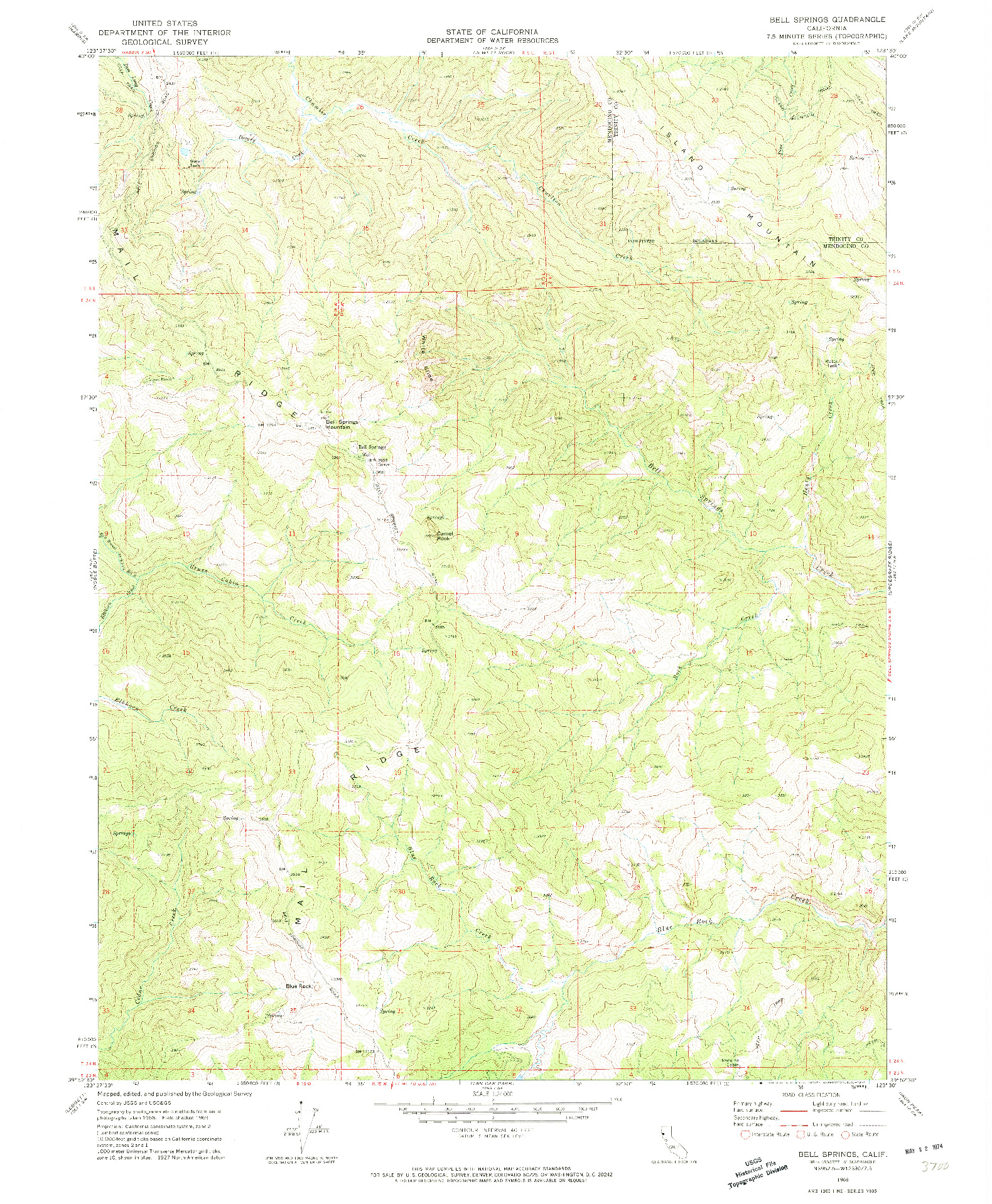 USGS 1:24000-SCALE QUADRANGLE FOR BELL SPRINGS, CA 1969