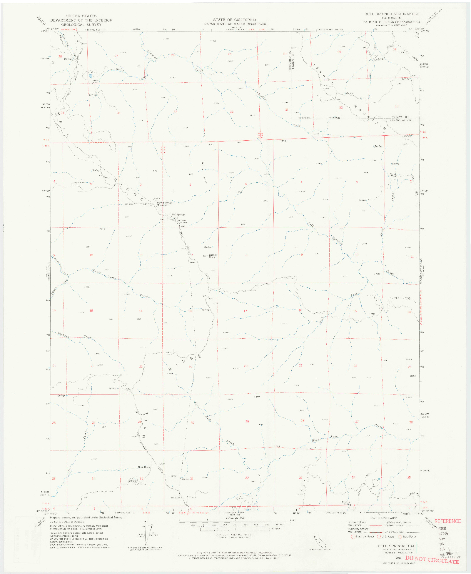 USGS 1:24000-SCALE QUADRANGLE FOR BELL SPRINGS, CA 1969