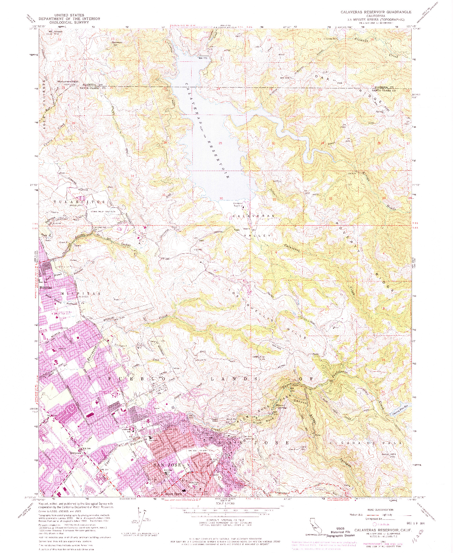 USGS 1:24000-SCALE QUADRANGLE FOR CALAVERAS RESERVOIR, CA 1961