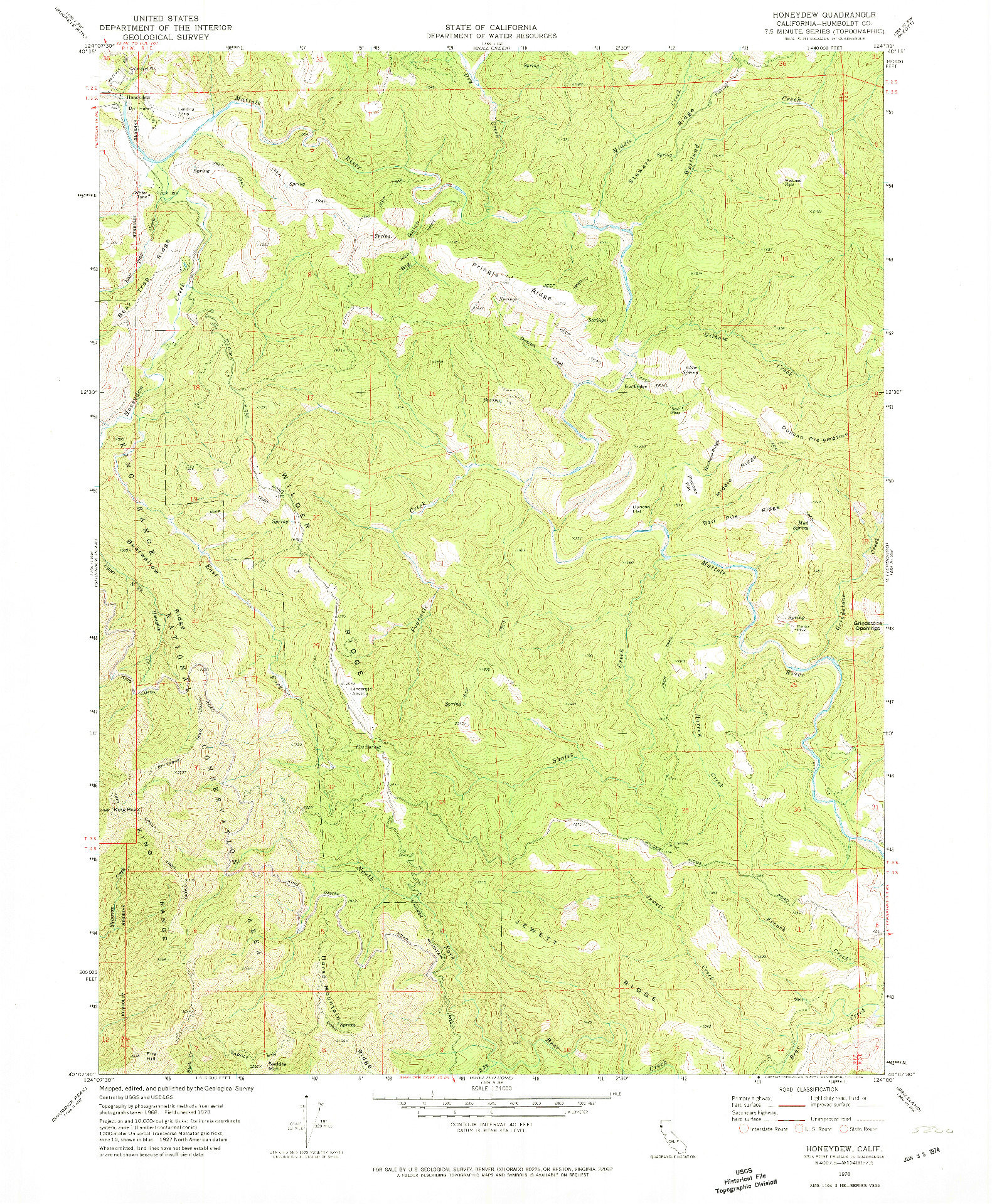 USGS 1:24000-SCALE QUADRANGLE FOR HONEYDEW, CA 1970