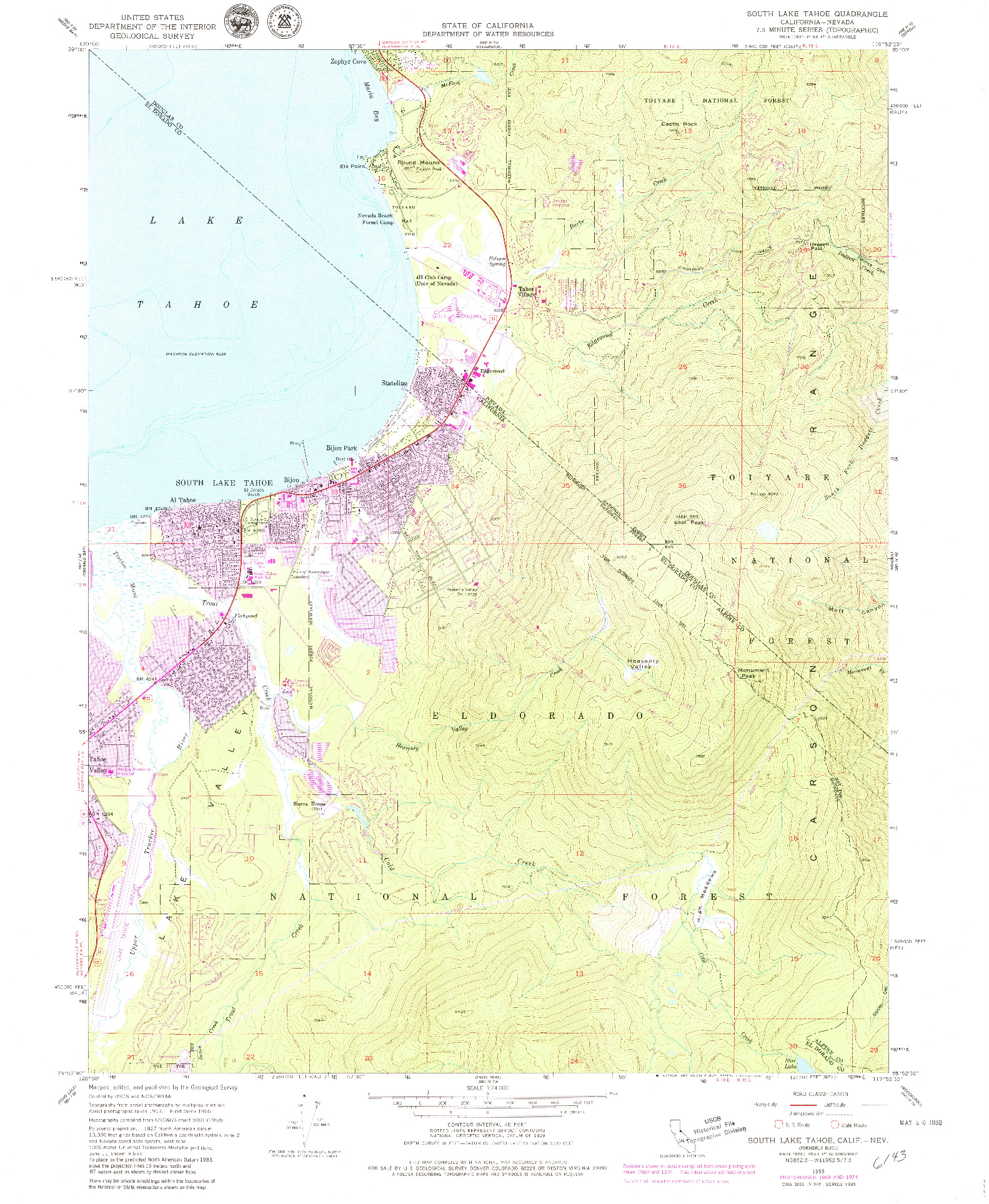 USGS 1:24000-SCALE QUADRANGLE FOR SOUTH LAKE TAHOE, CA 1955