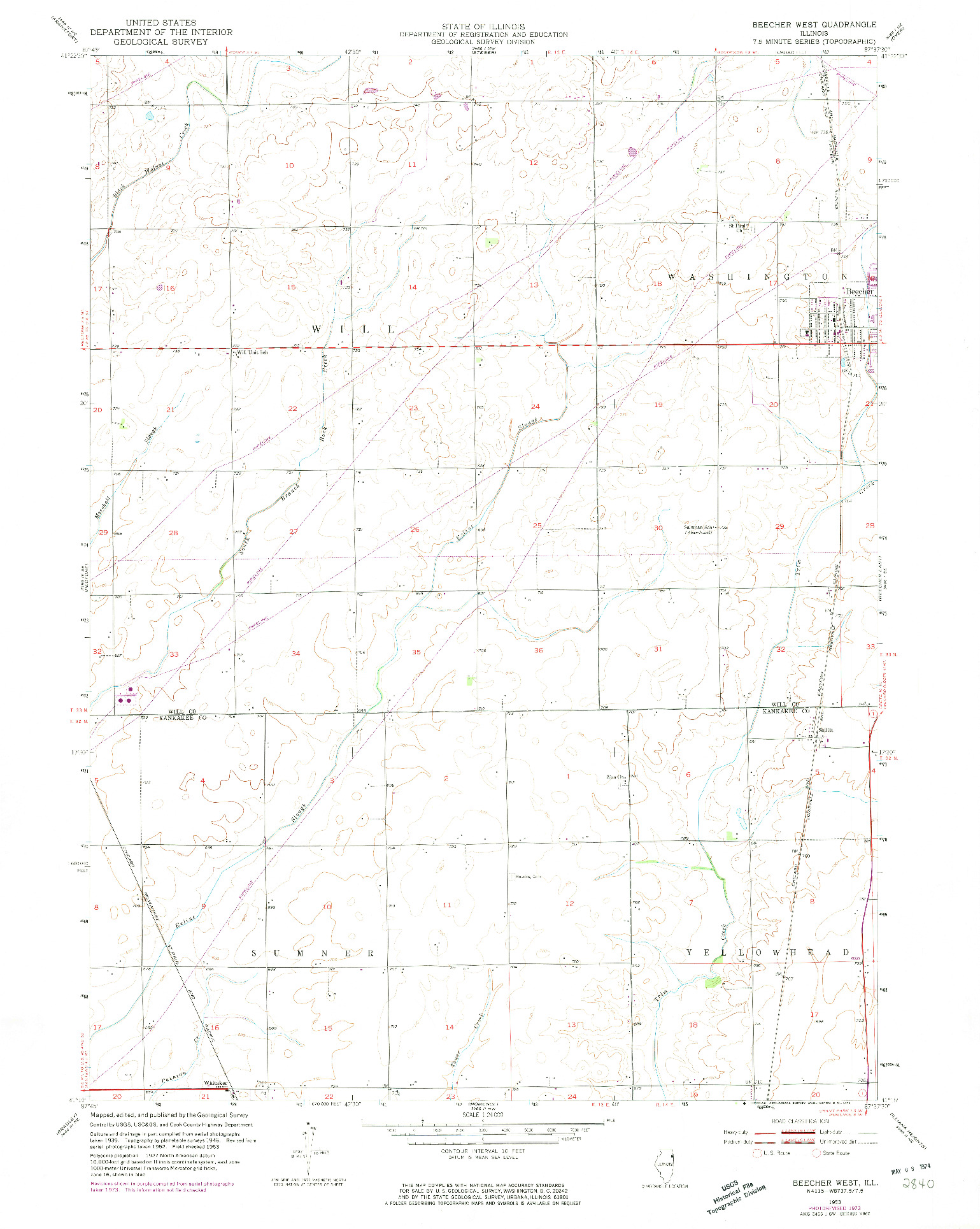 USGS 1:24000-SCALE QUADRANGLE FOR BEECHER WEST, IL 1953