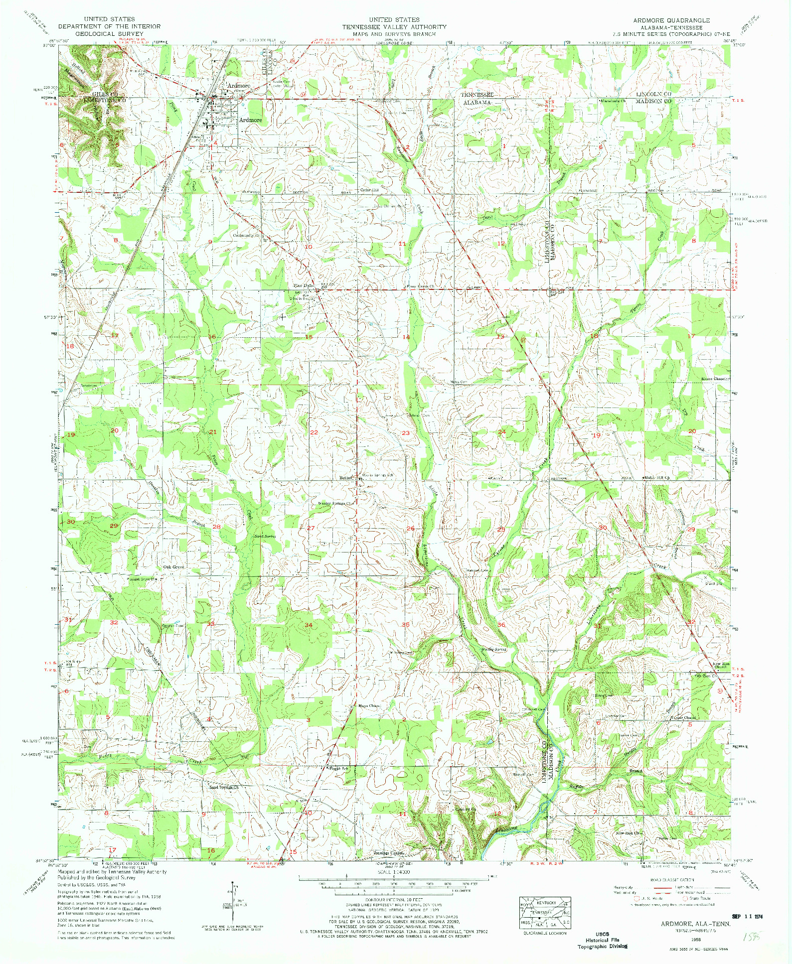 USGS 1:24000-SCALE QUADRANGLE FOR ARDMORE, AL 1958