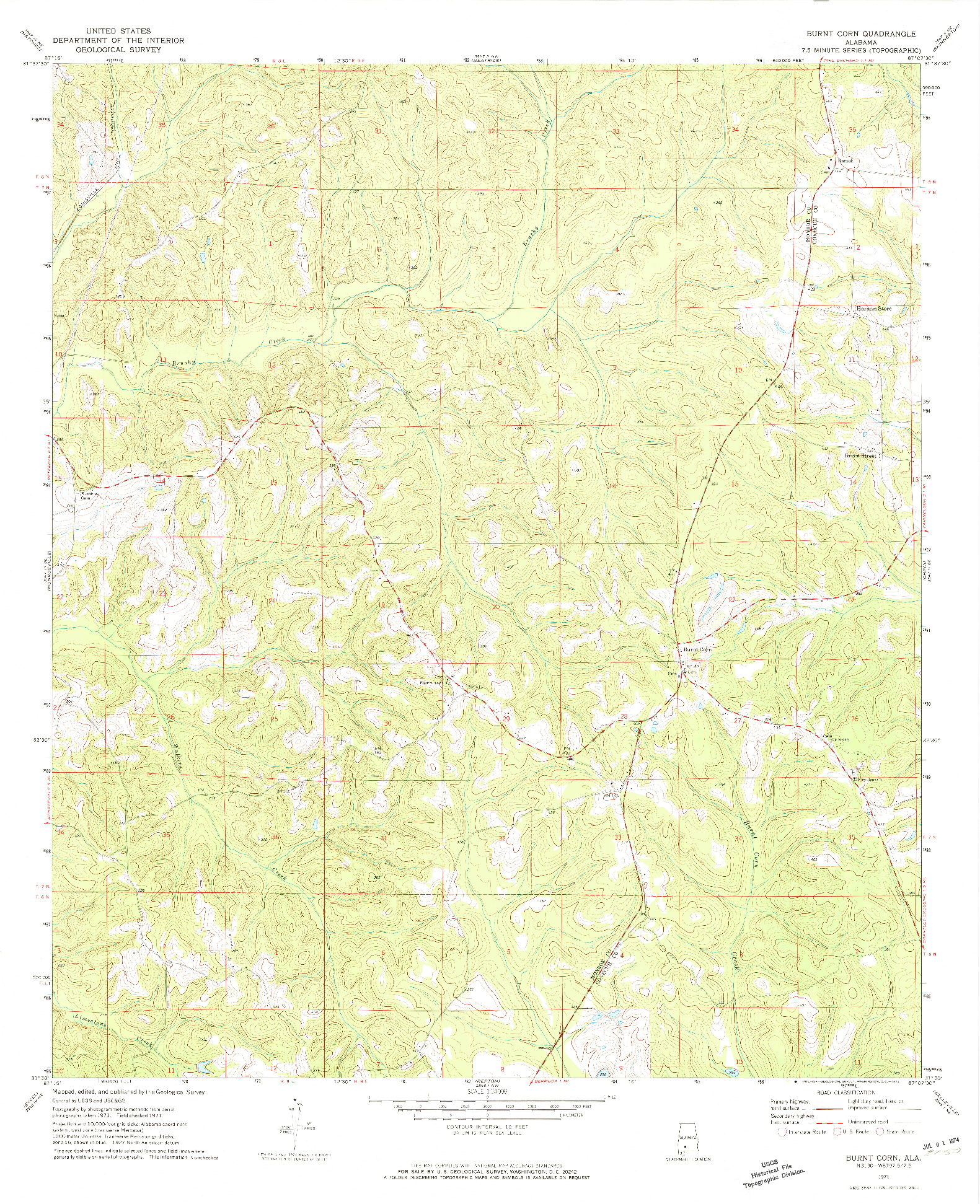 USGS 1:24000-SCALE QUADRANGLE FOR BURNT CORN, AL 1971