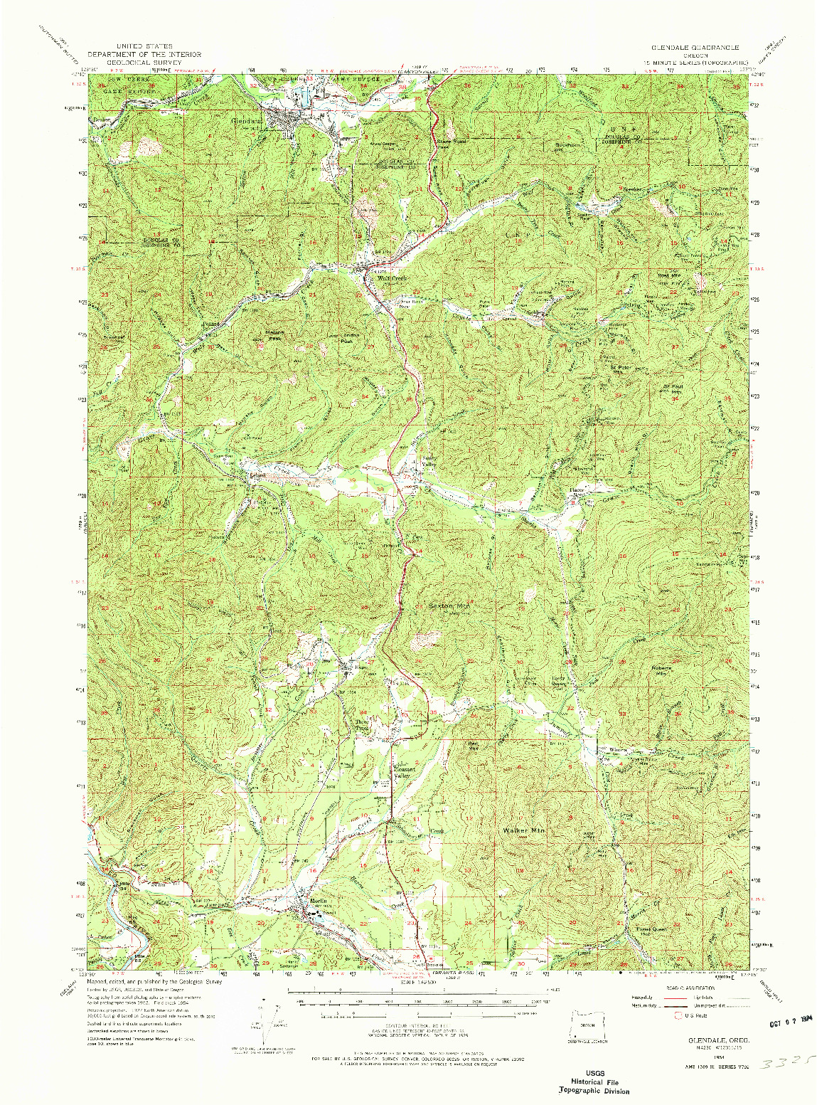 USGS 1:62500-SCALE QUADRANGLE FOR GLENDALE, OR 1954