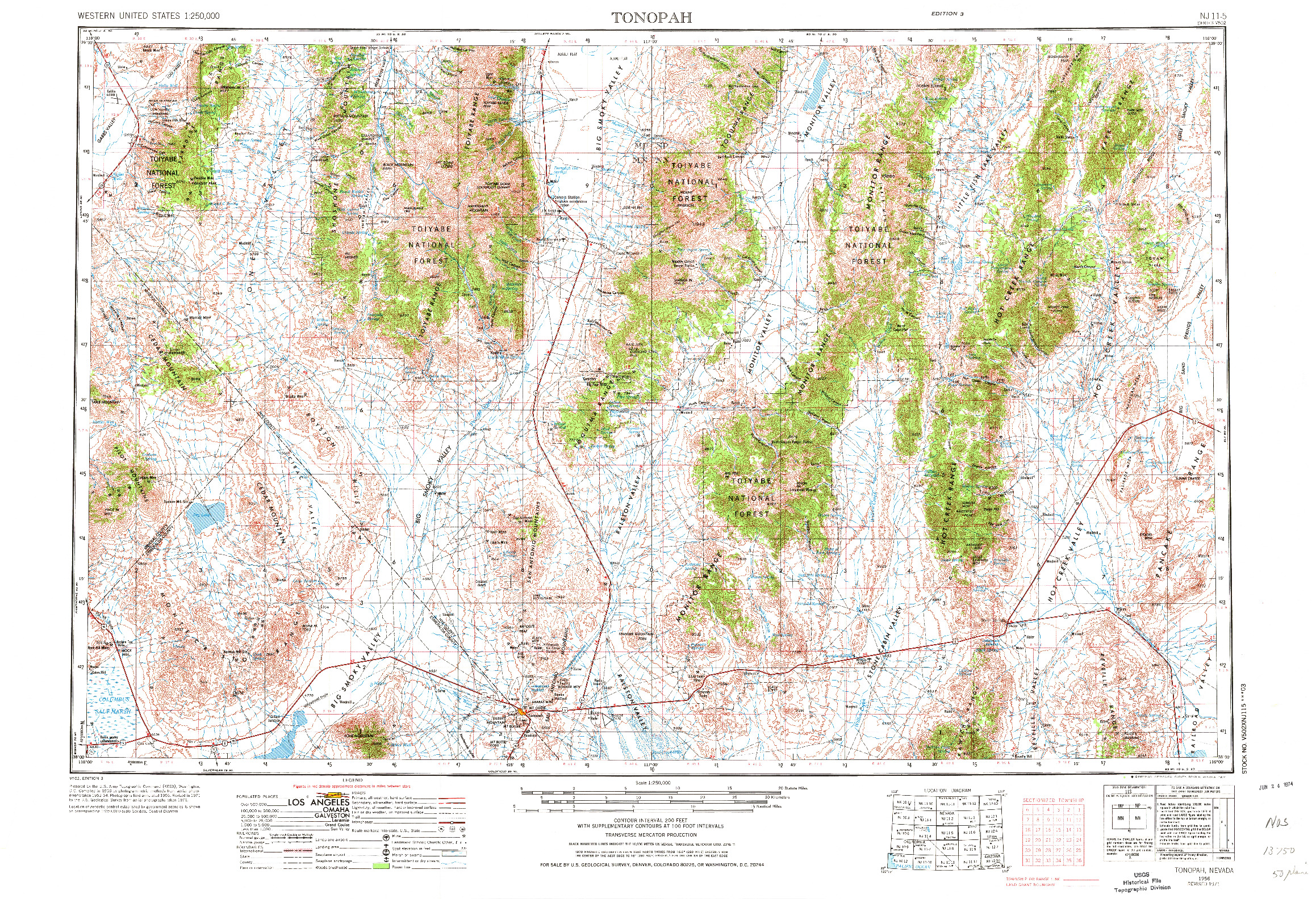 USGS 1:250000-SCALE QUADRANGLE FOR TONOPAH, NV 1956