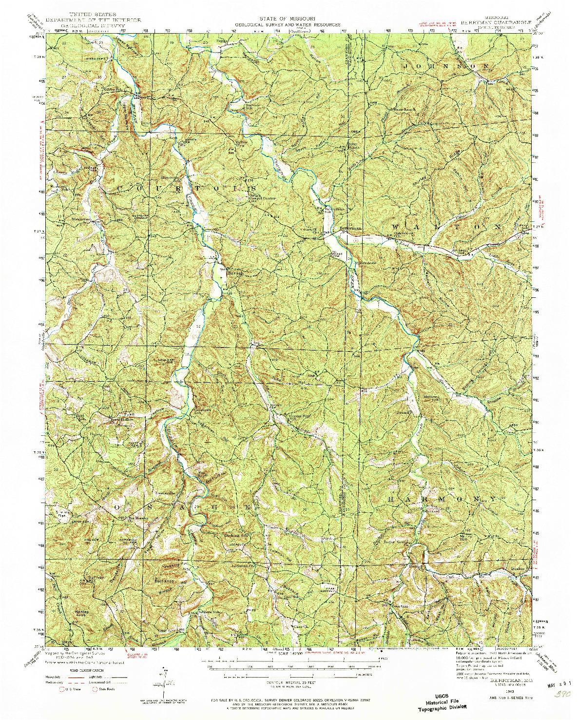 USGS 1:62500-SCALE QUADRANGLE FOR BERRYMAN, MO 1943