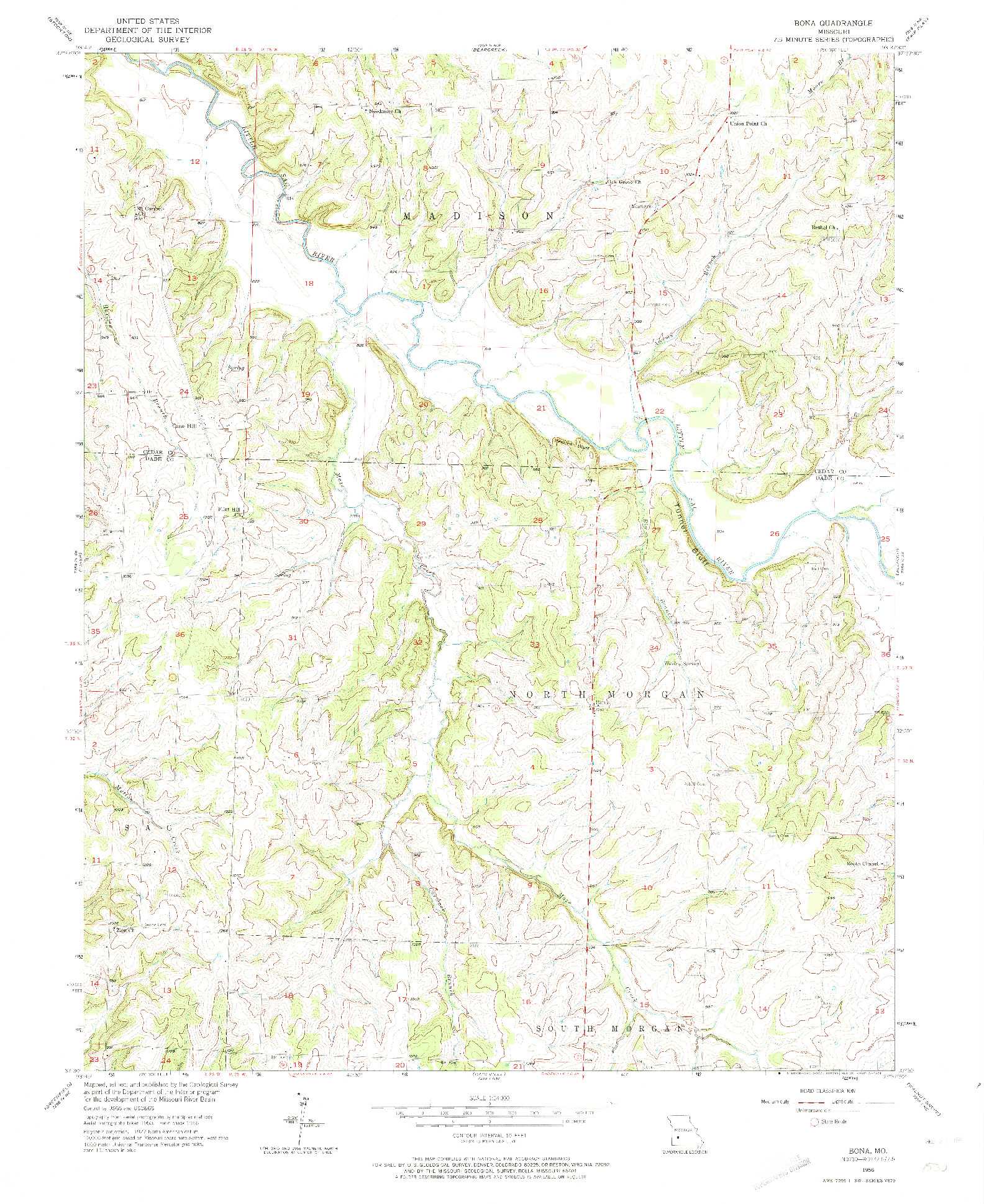 USGS 1:24000-SCALE QUADRANGLE FOR BONA, MO 1956