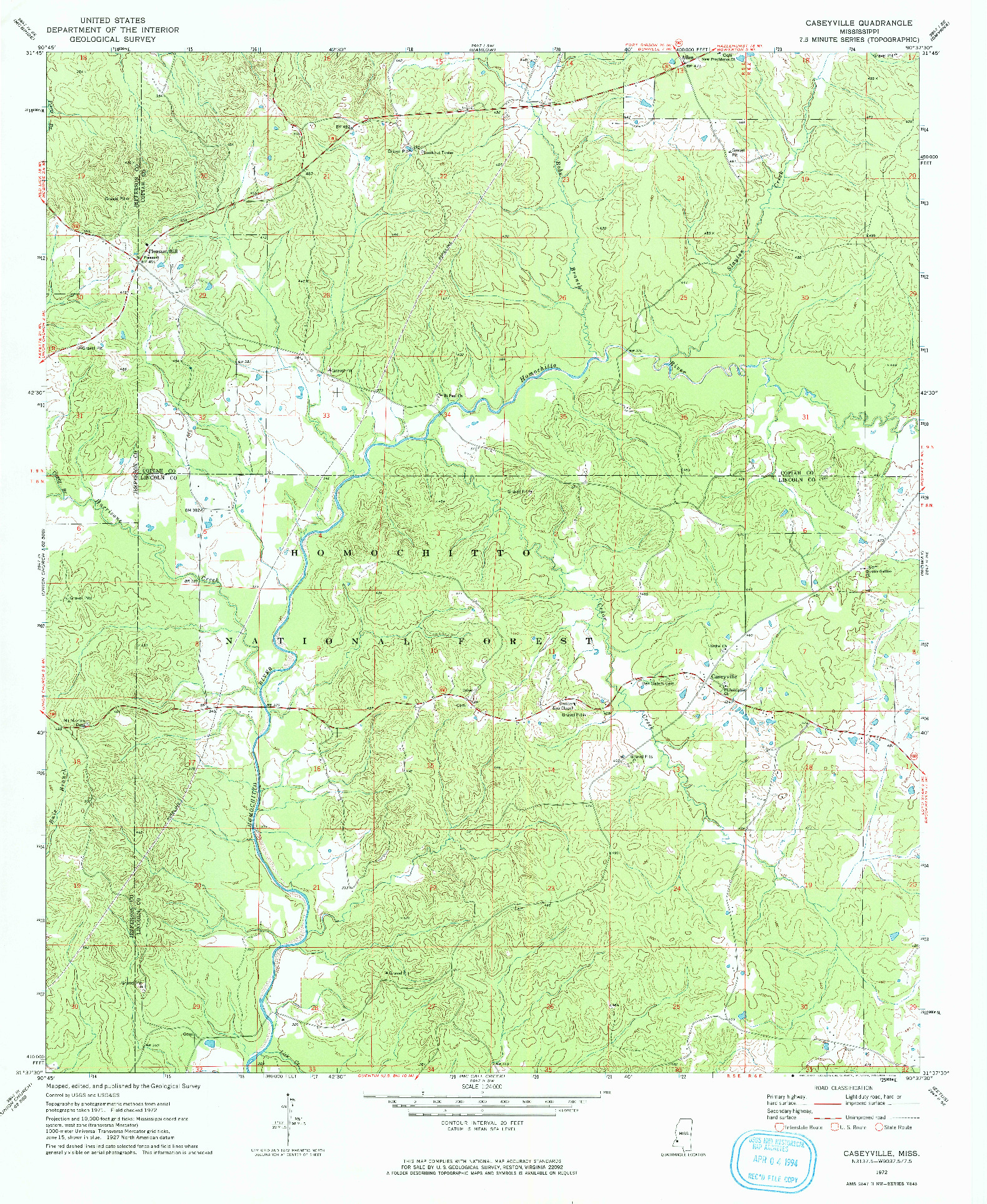 USGS 1:24000-SCALE QUADRANGLE FOR CASEYVILLE, MS 1972