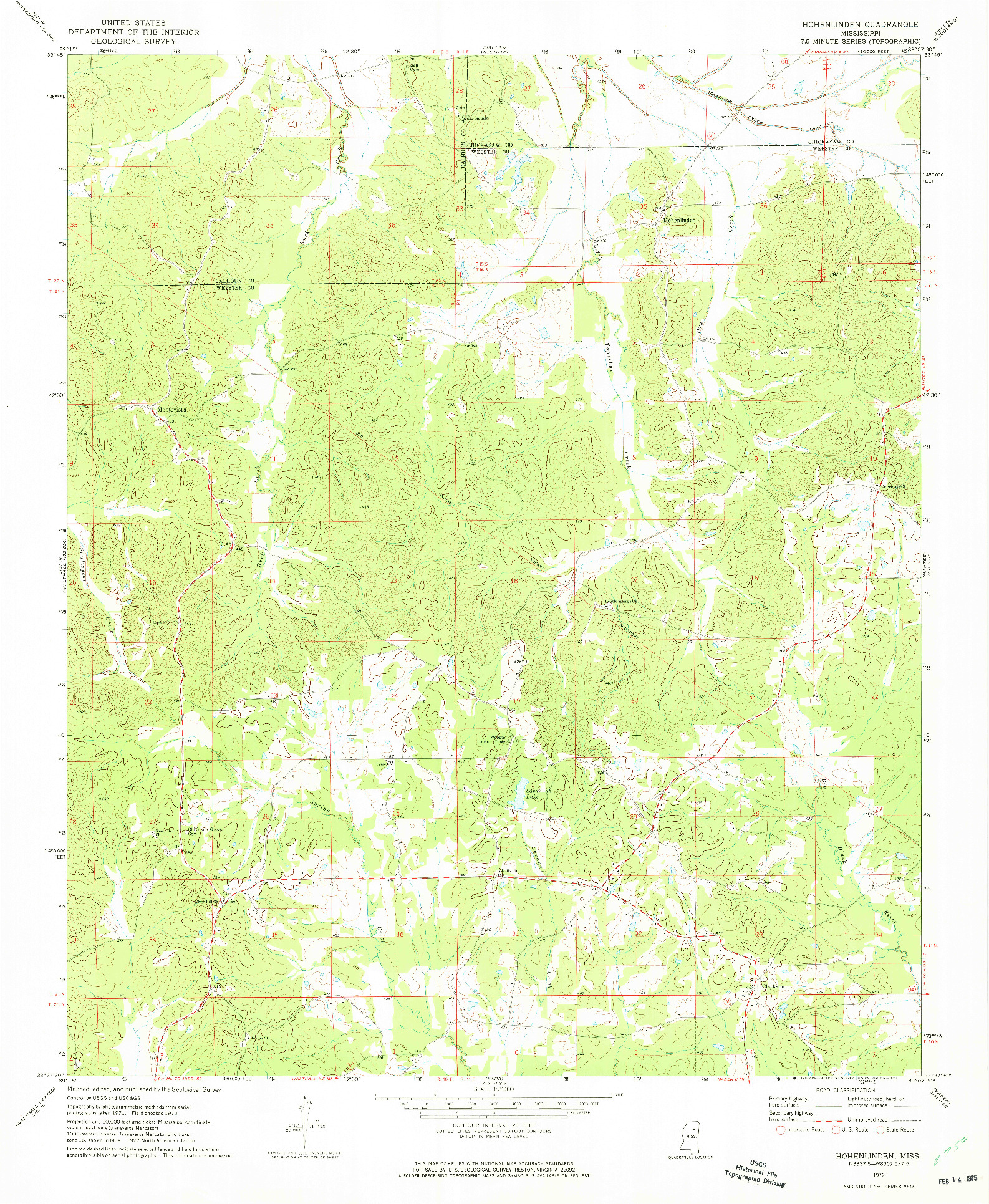 USGS 1:24000-SCALE QUADRANGLE FOR HOHENLINDEN, MS 1972