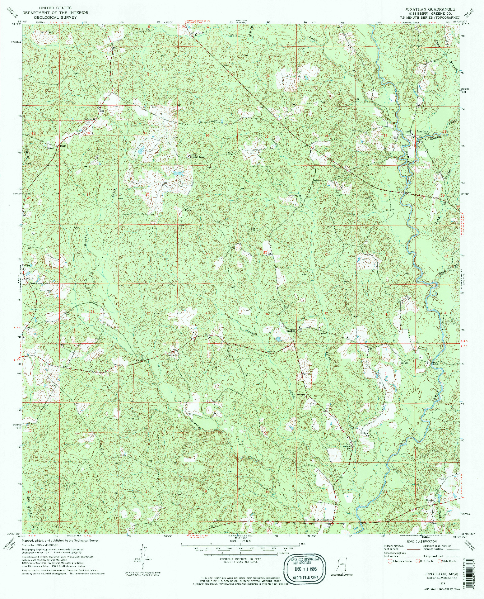 USGS 1:24000-SCALE QUADRANGLE FOR JONATHAN, MS 1973