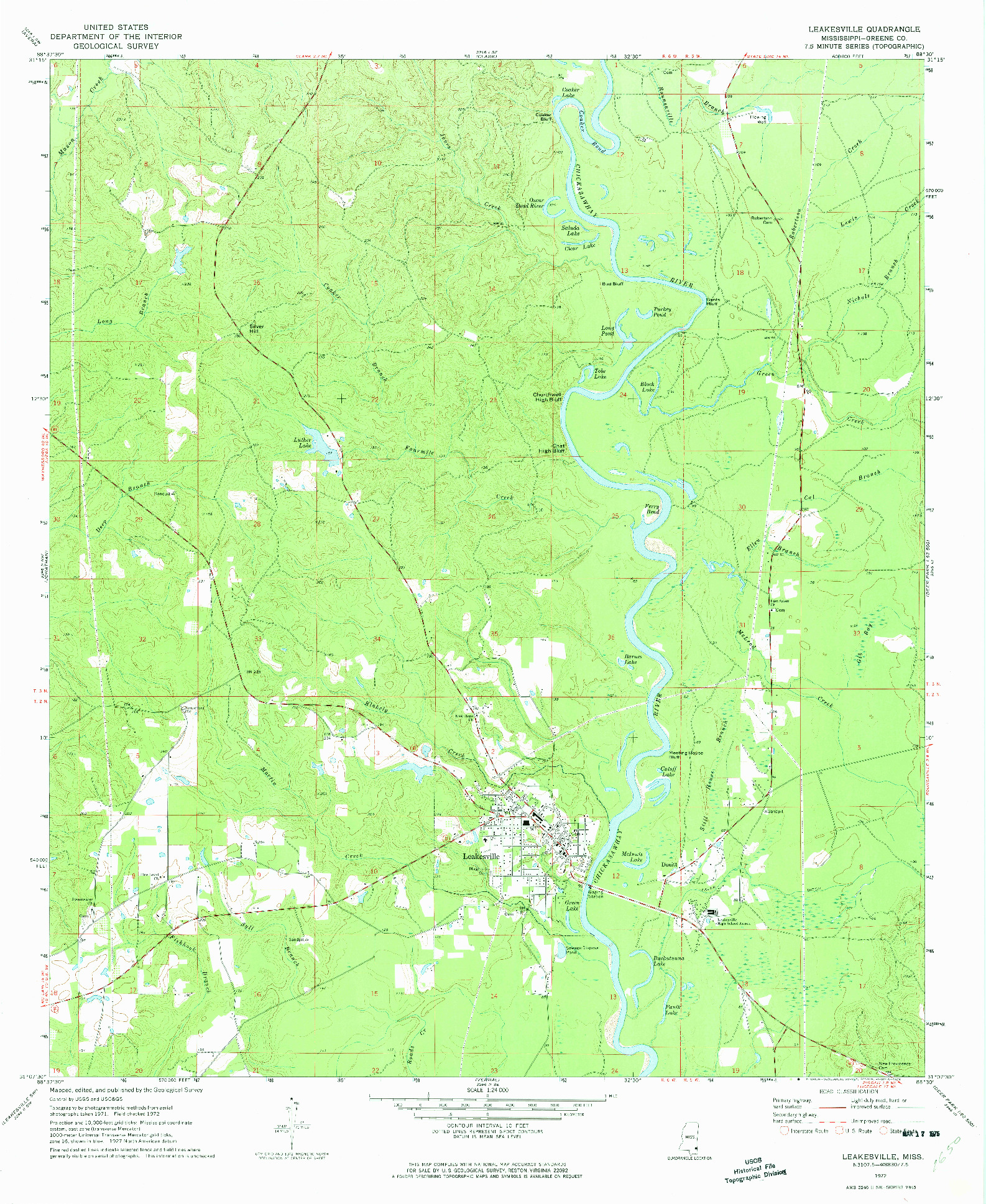 USGS 1:24000-SCALE QUADRANGLE FOR LEAKESVILLE, MS 1972