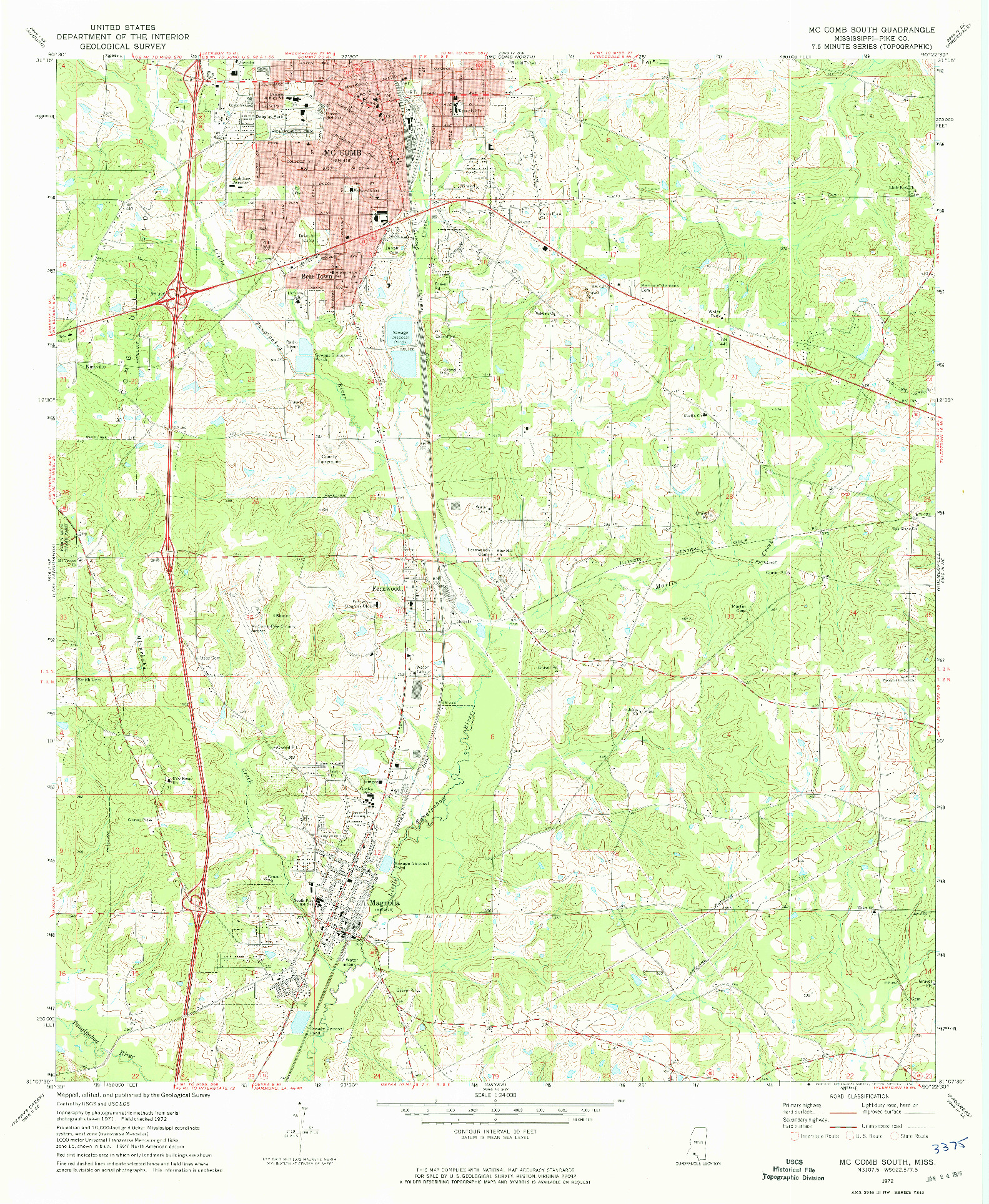 USGS 1:24000-SCALE QUADRANGLE FOR MCCOMB SOUTH, MS 1972