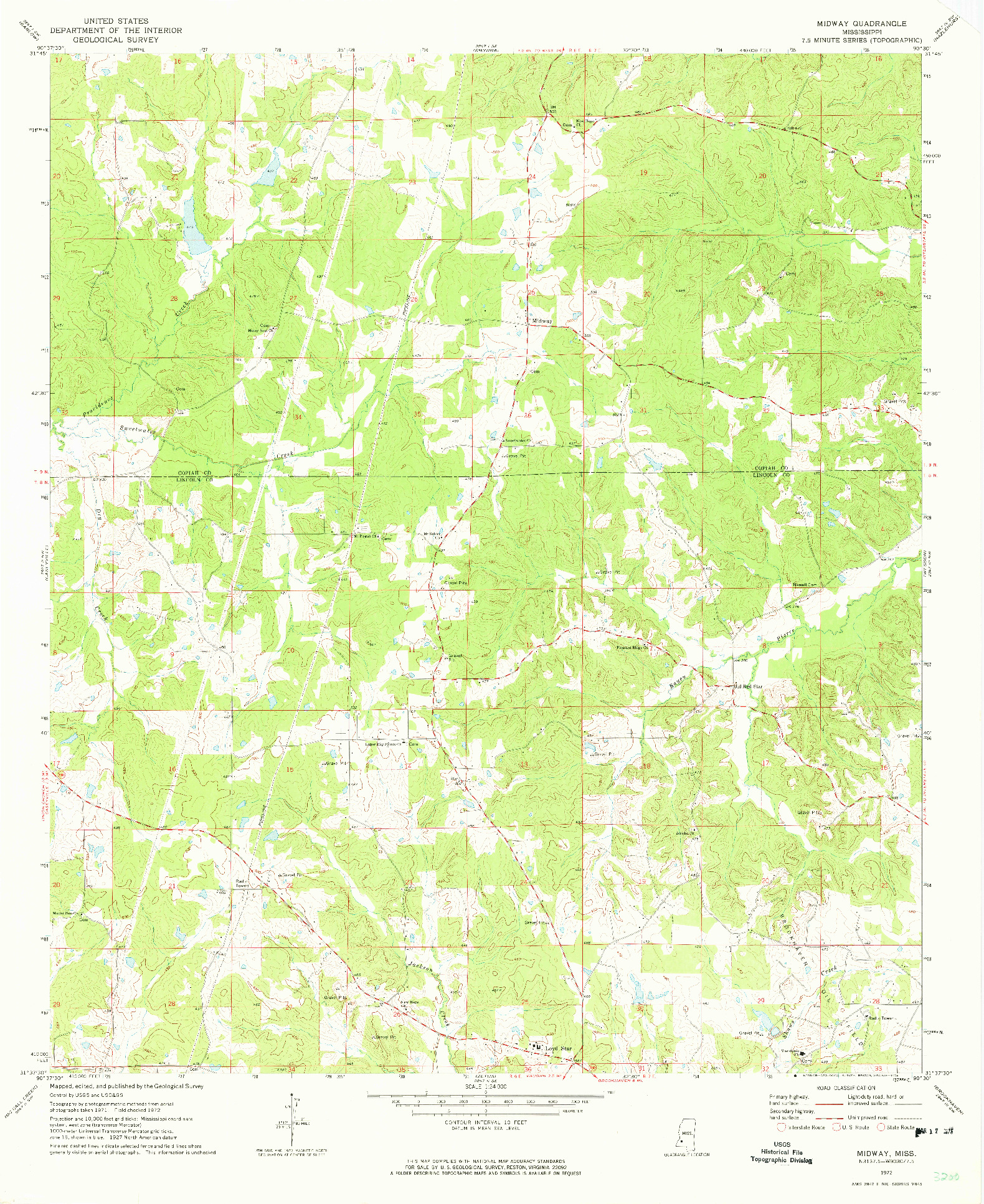 USGS 1:24000-SCALE QUADRANGLE FOR MIDWAY, MS 1972