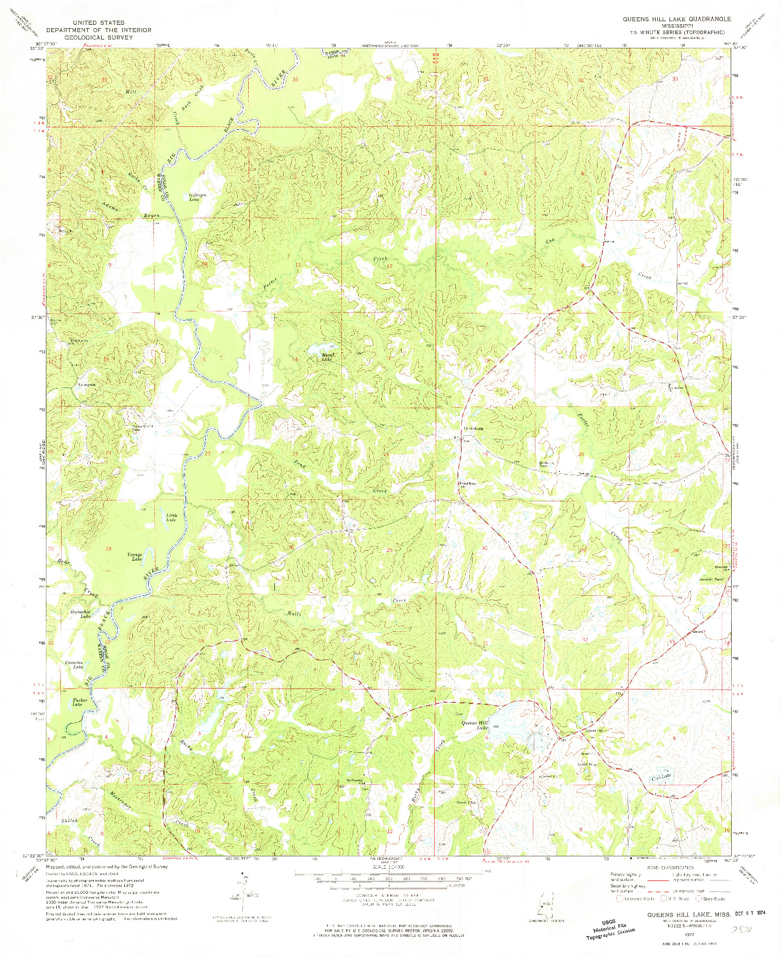 USGS 1:24000-SCALE QUADRANGLE FOR QUEENS HILL LAKE, MS 1972
