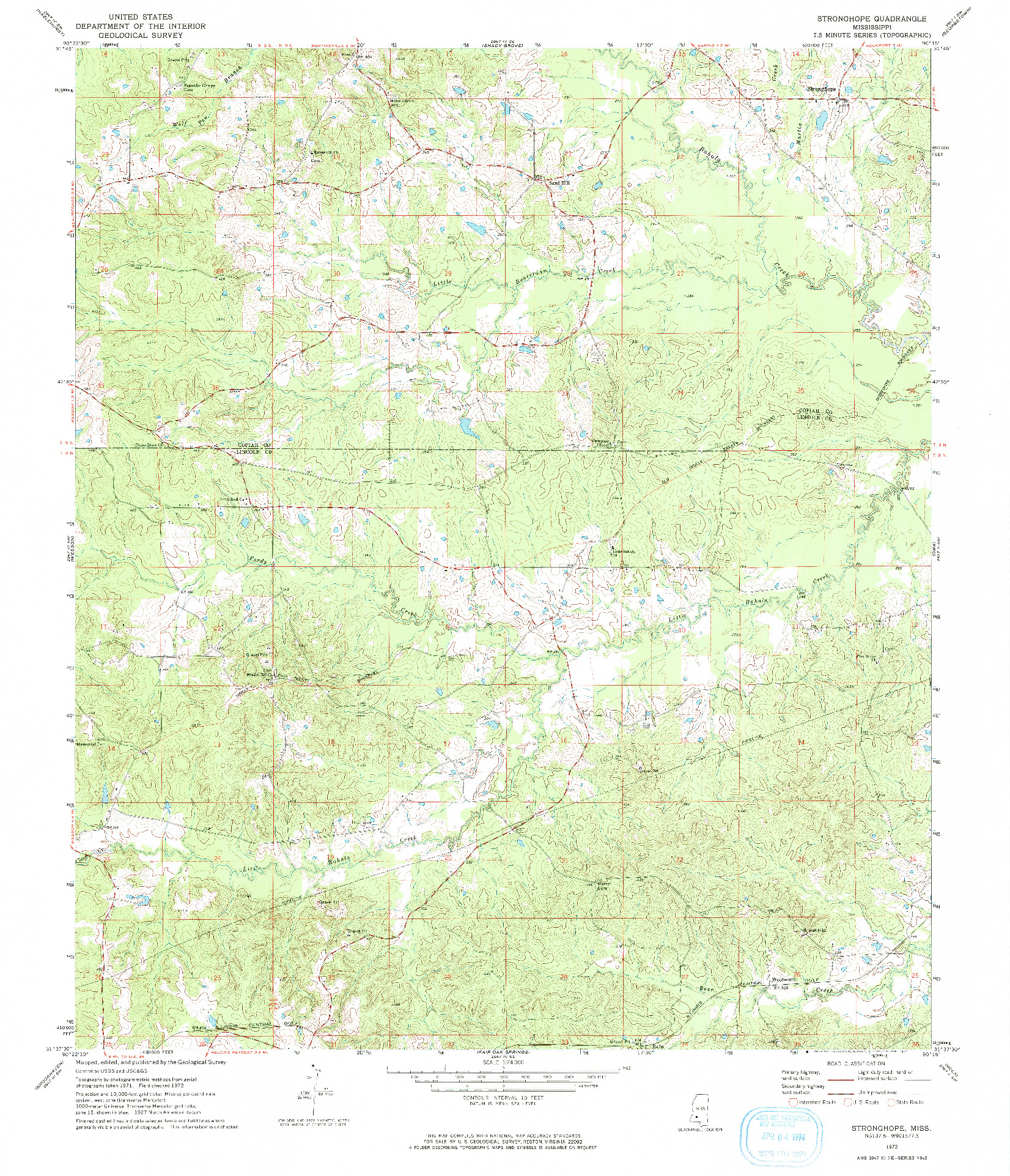 USGS 1:24000-SCALE QUADRANGLE FOR STRONGHOPE, MS 1972