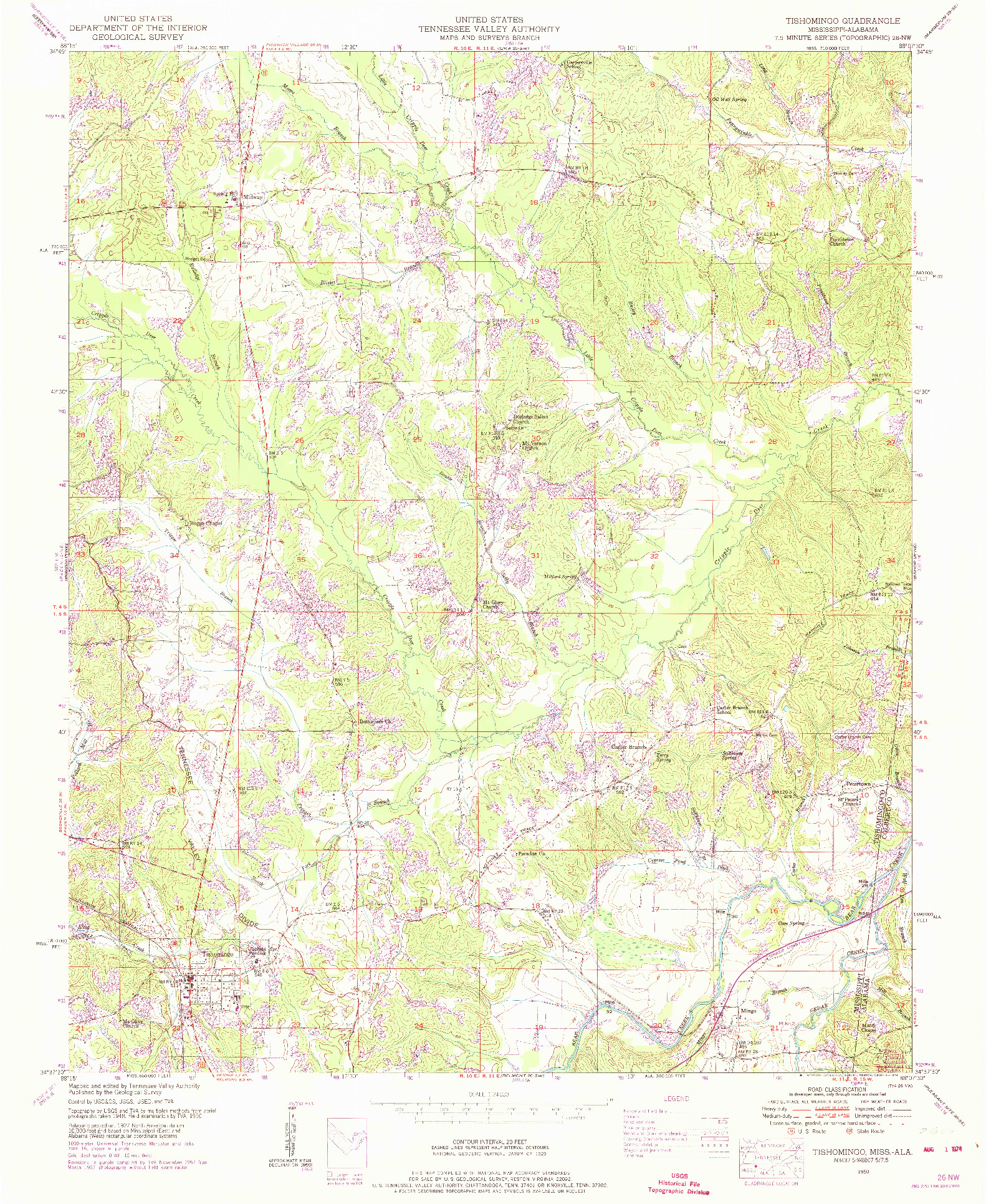 USGS 1:24000-SCALE QUADRANGLE FOR TISHOMINGO, MS 1950