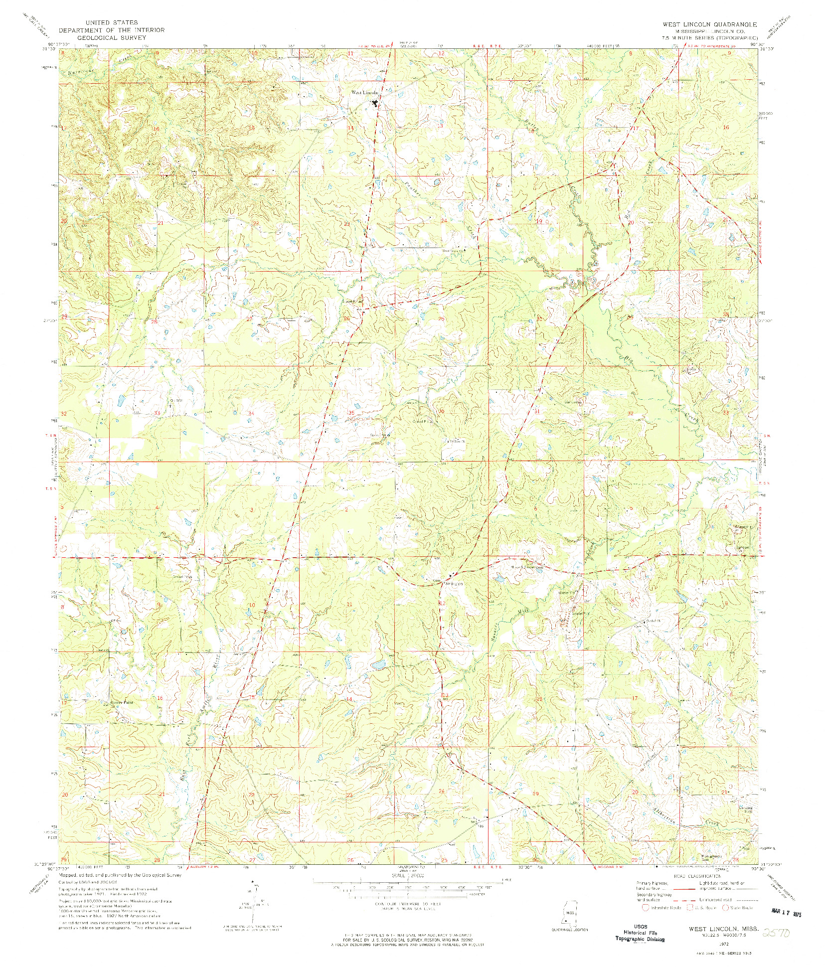 USGS 1:24000-SCALE QUADRANGLE FOR WEST LINCOLN, MS 1972