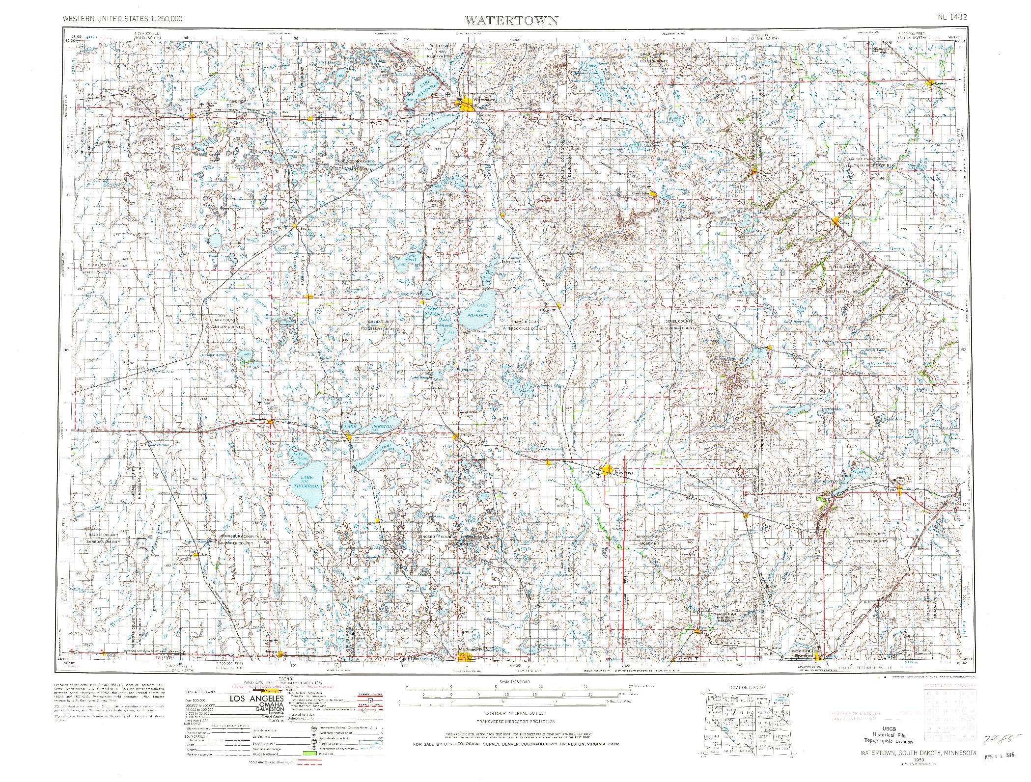 USGS 1:250000-SCALE QUADRANGLE FOR WATERTOWN, SD 1953