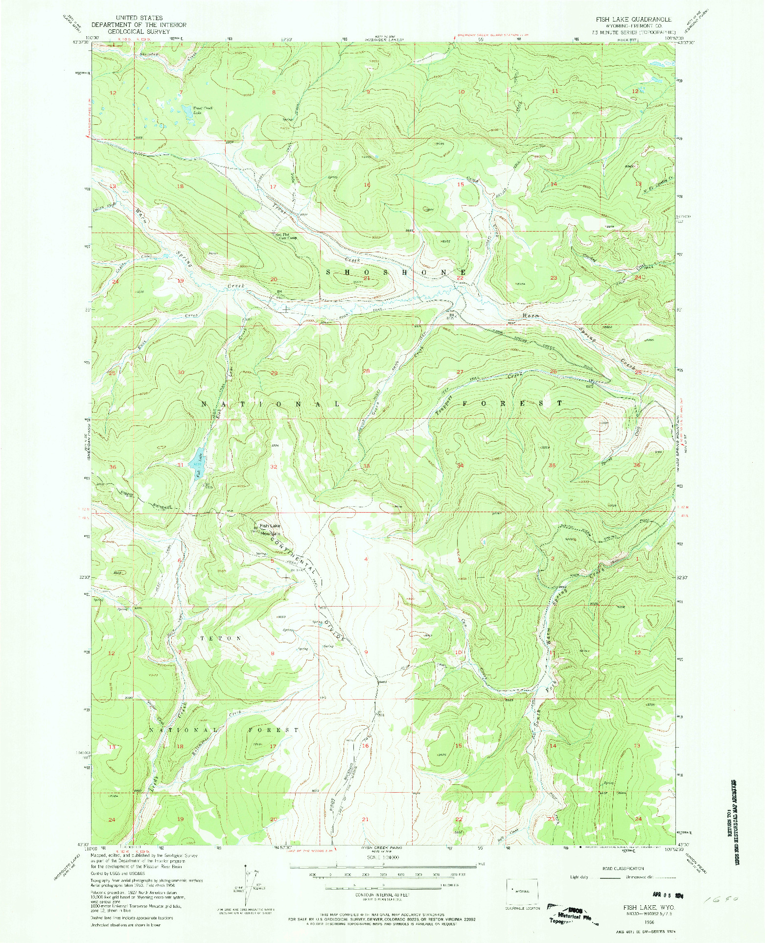 USGS 1:24000-SCALE QUADRANGLE FOR FISH LAKE, WY 1956