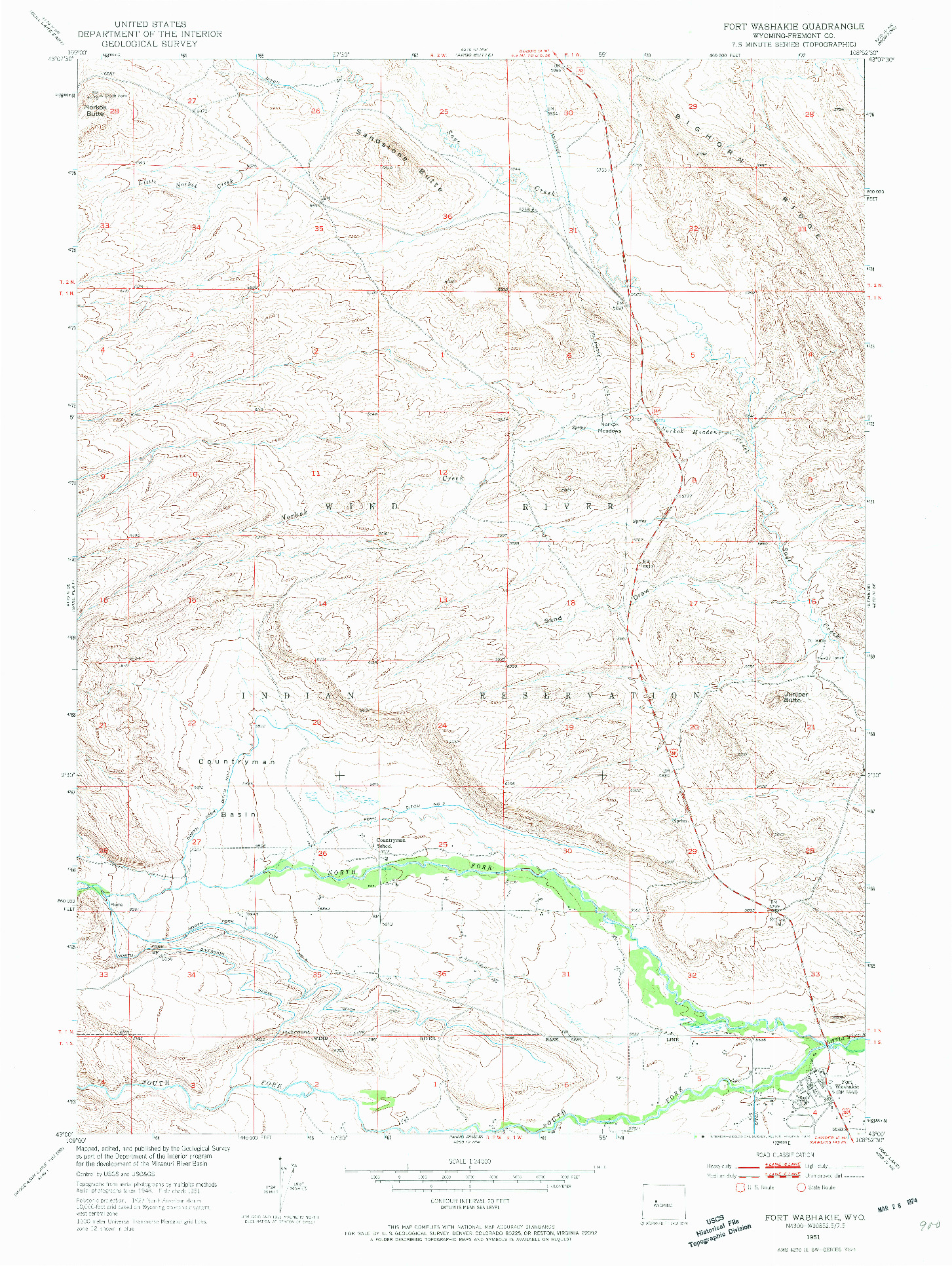 USGS 1:24000-SCALE QUADRANGLE FOR FORT WASHAKIE, WY 1951