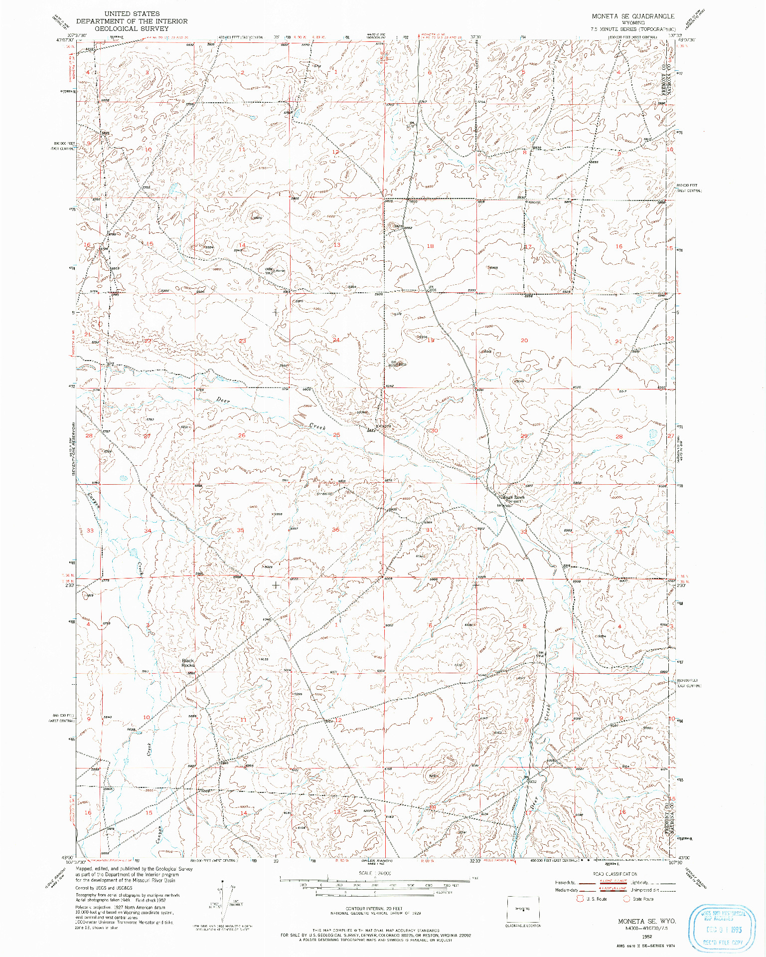 USGS 1:24000-SCALE QUADRANGLE FOR MONETA SE, WY 1952