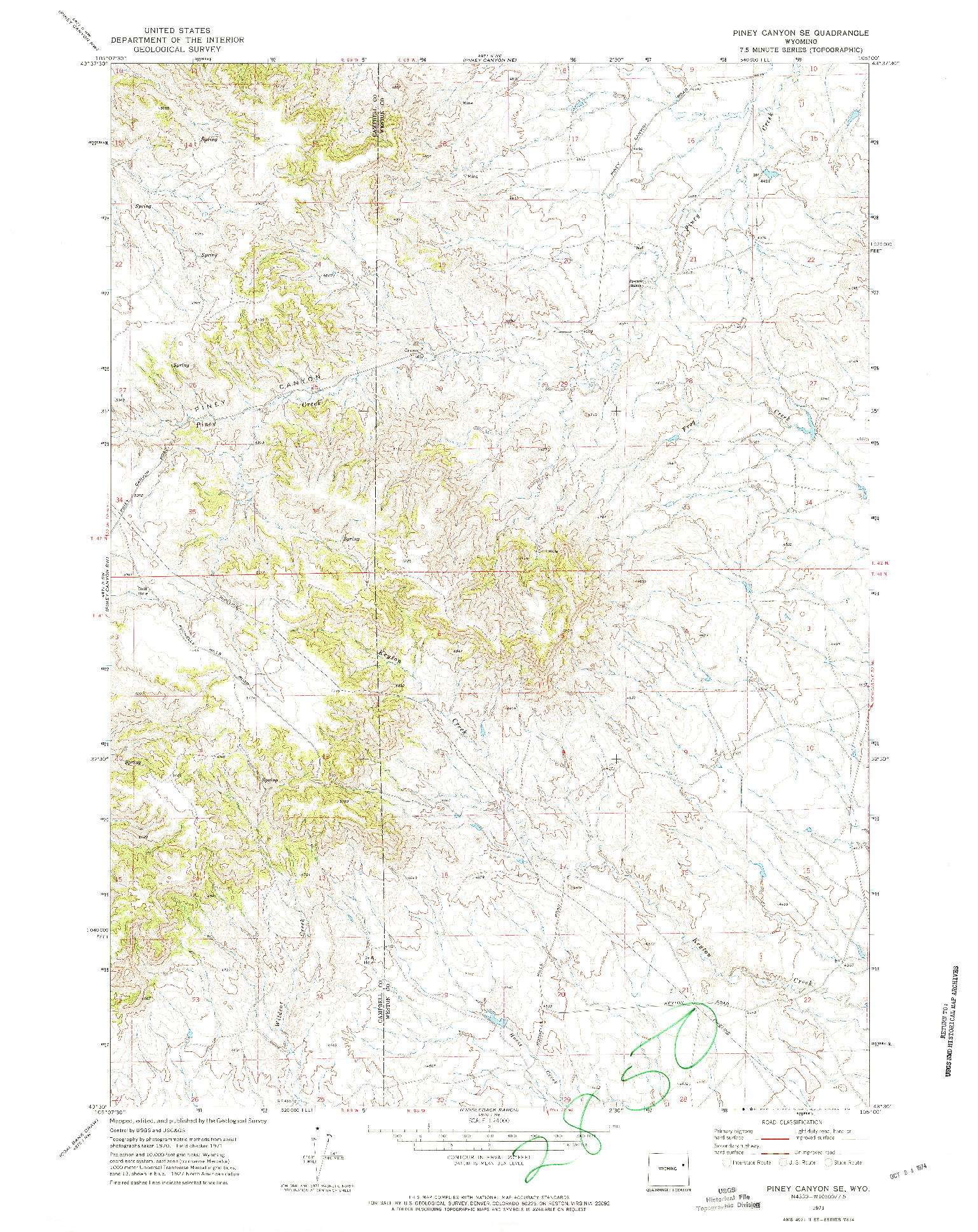 USGS 1:24000-SCALE QUADRANGLE FOR PINEY CANYON SE, WY 1971