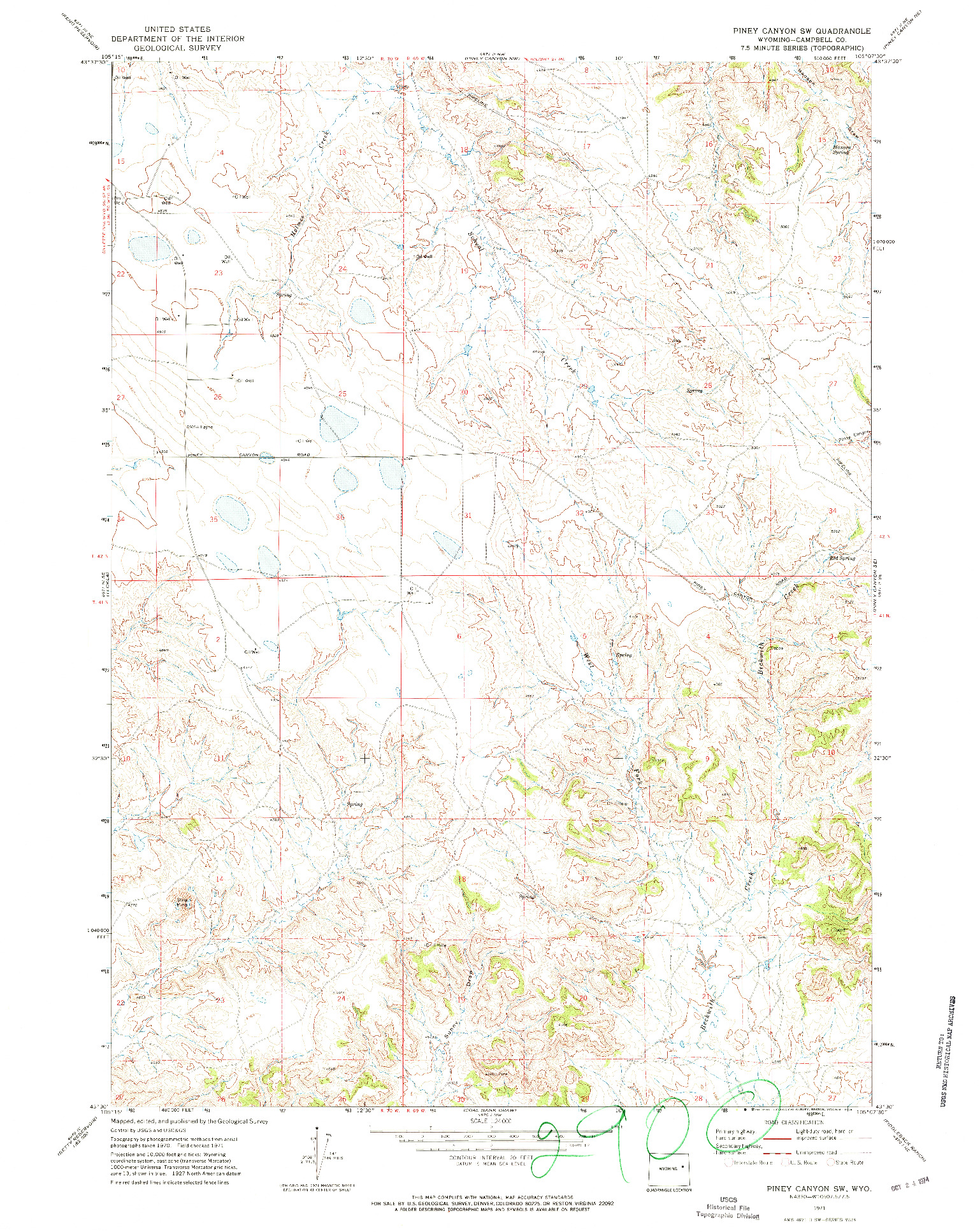 USGS 1:24000-SCALE QUADRANGLE FOR PINEY CANYON SW, WY 1971