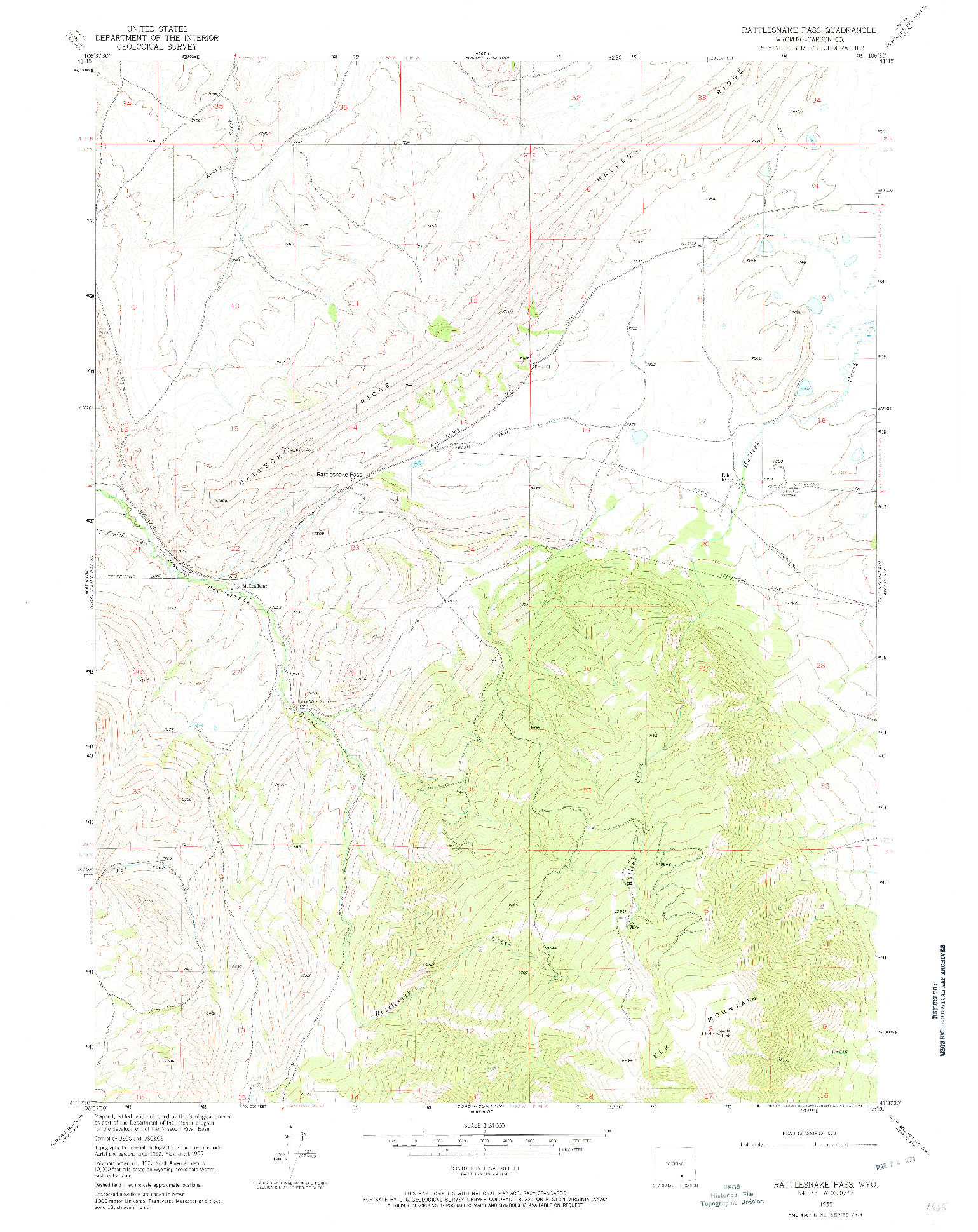 USGS 1:24000-SCALE QUADRANGLE FOR RATTLESNAKE PASS, WY 1955