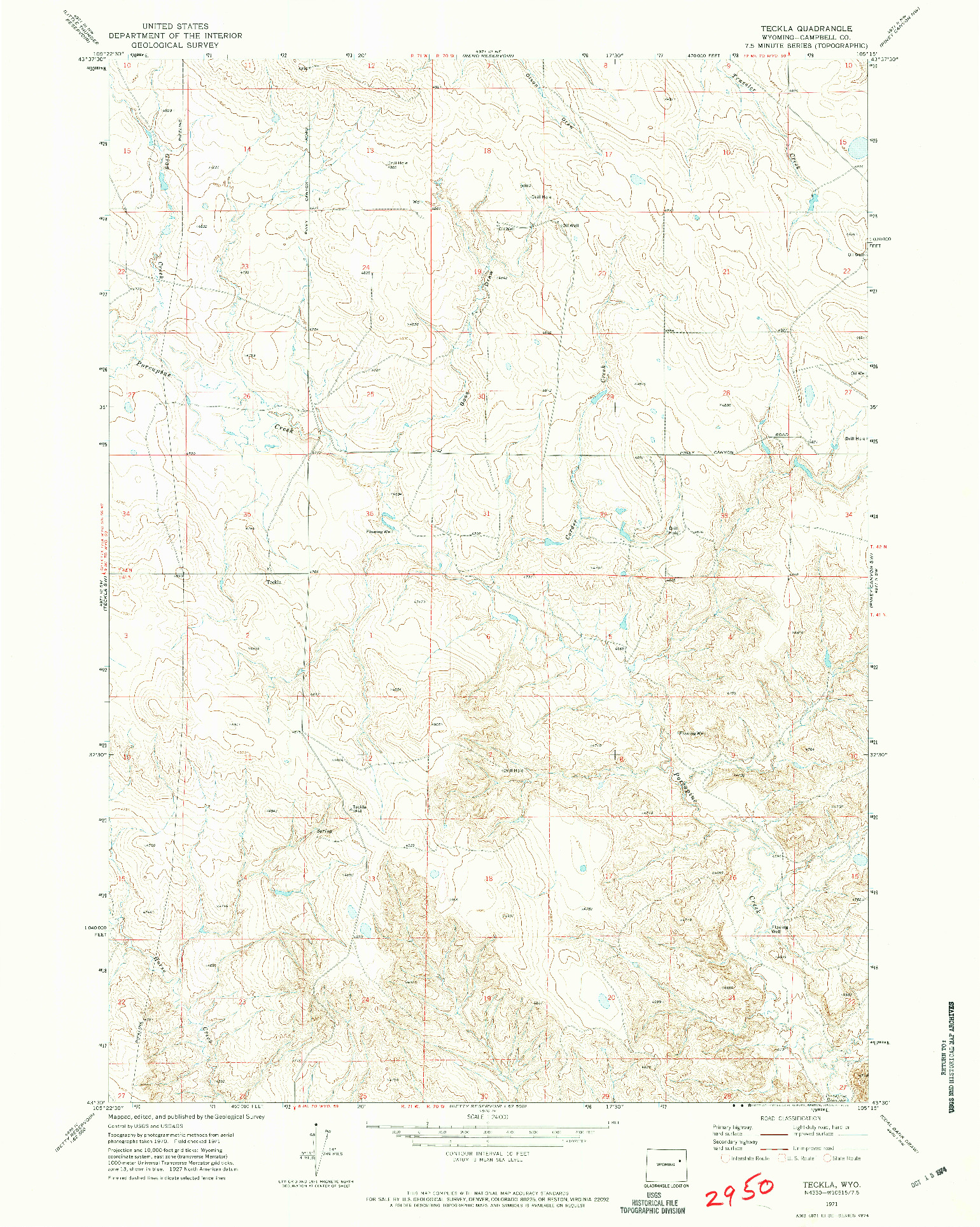 USGS 1:24000-SCALE QUADRANGLE FOR TECKLA, WY 1971