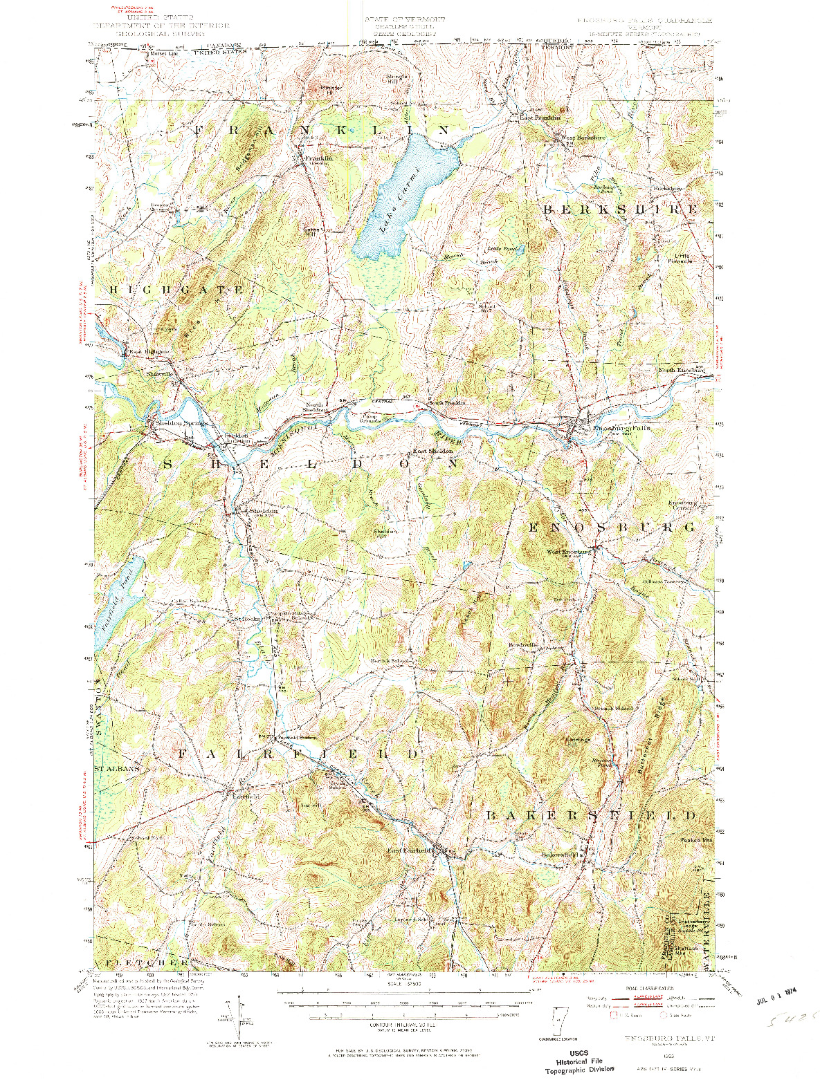 USGS 1:62500-SCALE QUADRANGLE FOR ENOSBURG FALLS, VT 1953