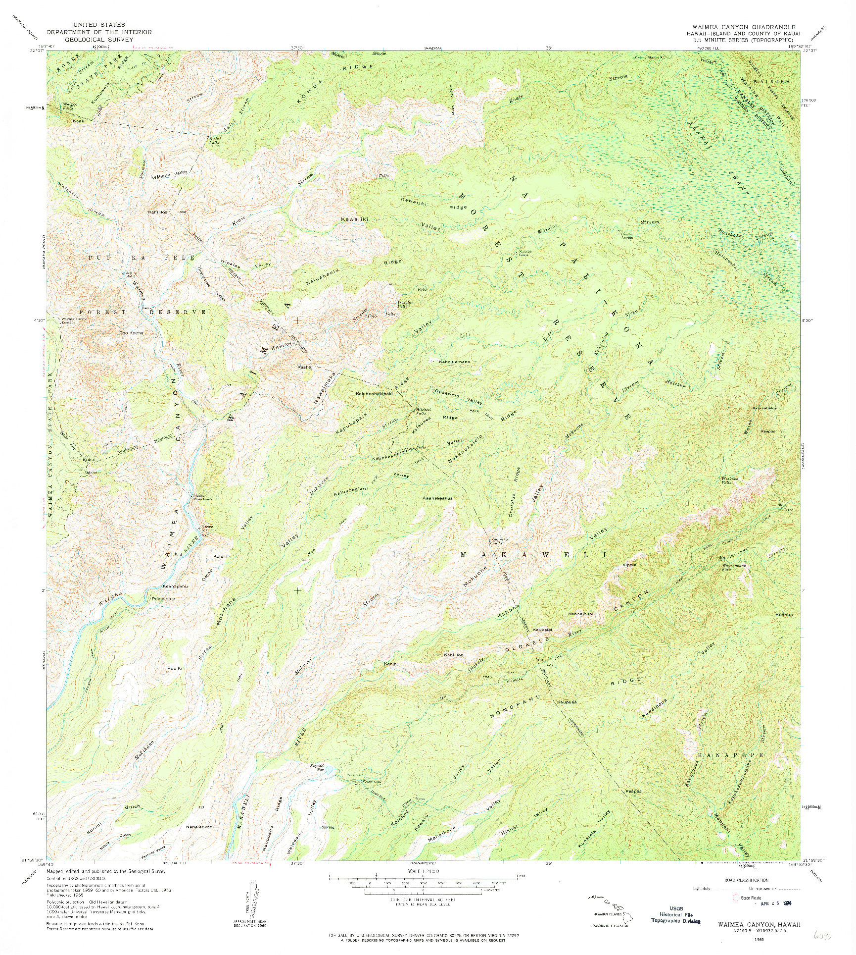 USGS 1:24000-SCALE QUADRANGLE FOR WAIMEA CANYON, HI 1965