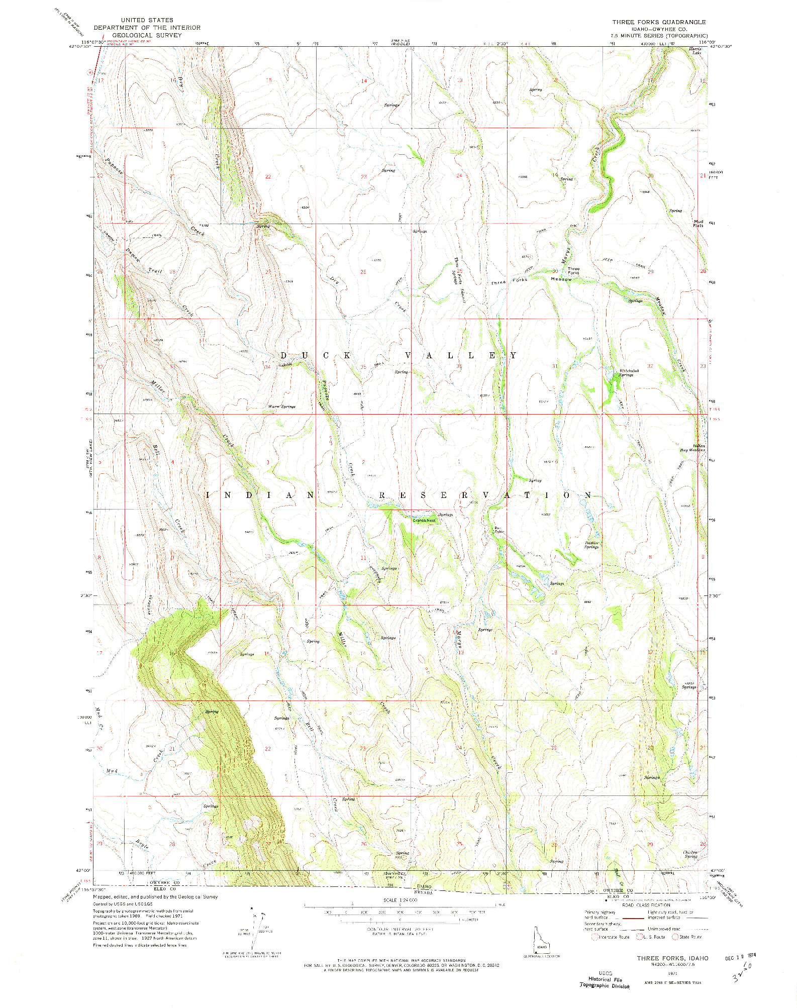 USGS 1:24000-SCALE QUADRANGLE FOR THREE FORKS, ID 1971