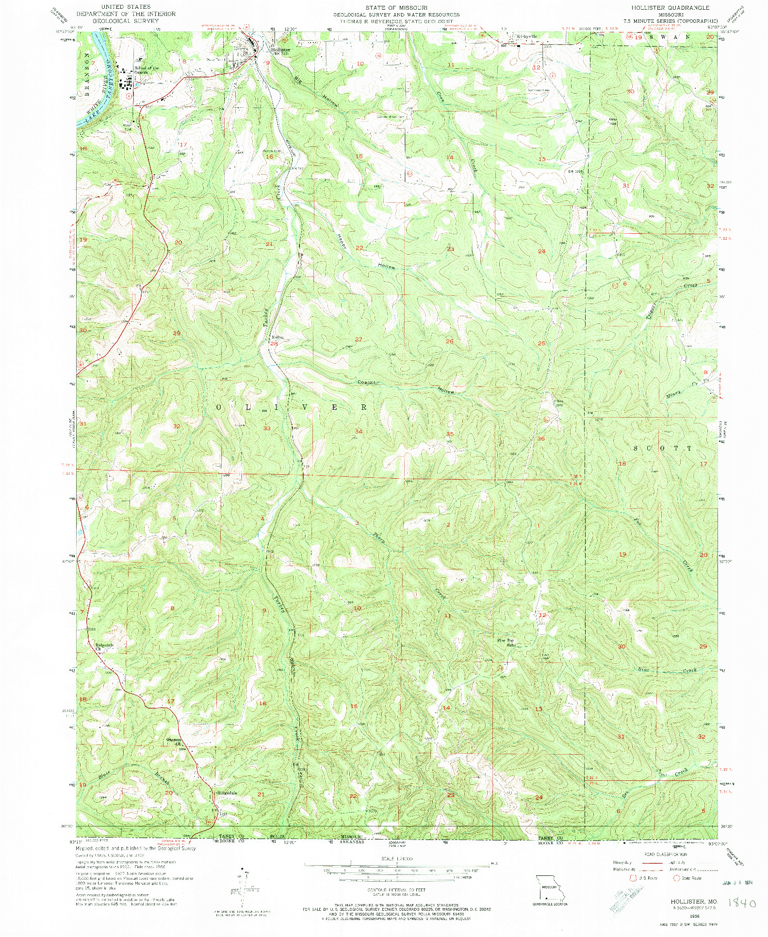 USGS 1:24000-SCALE QUADRANGLE FOR HOLLISTER, MO 1956