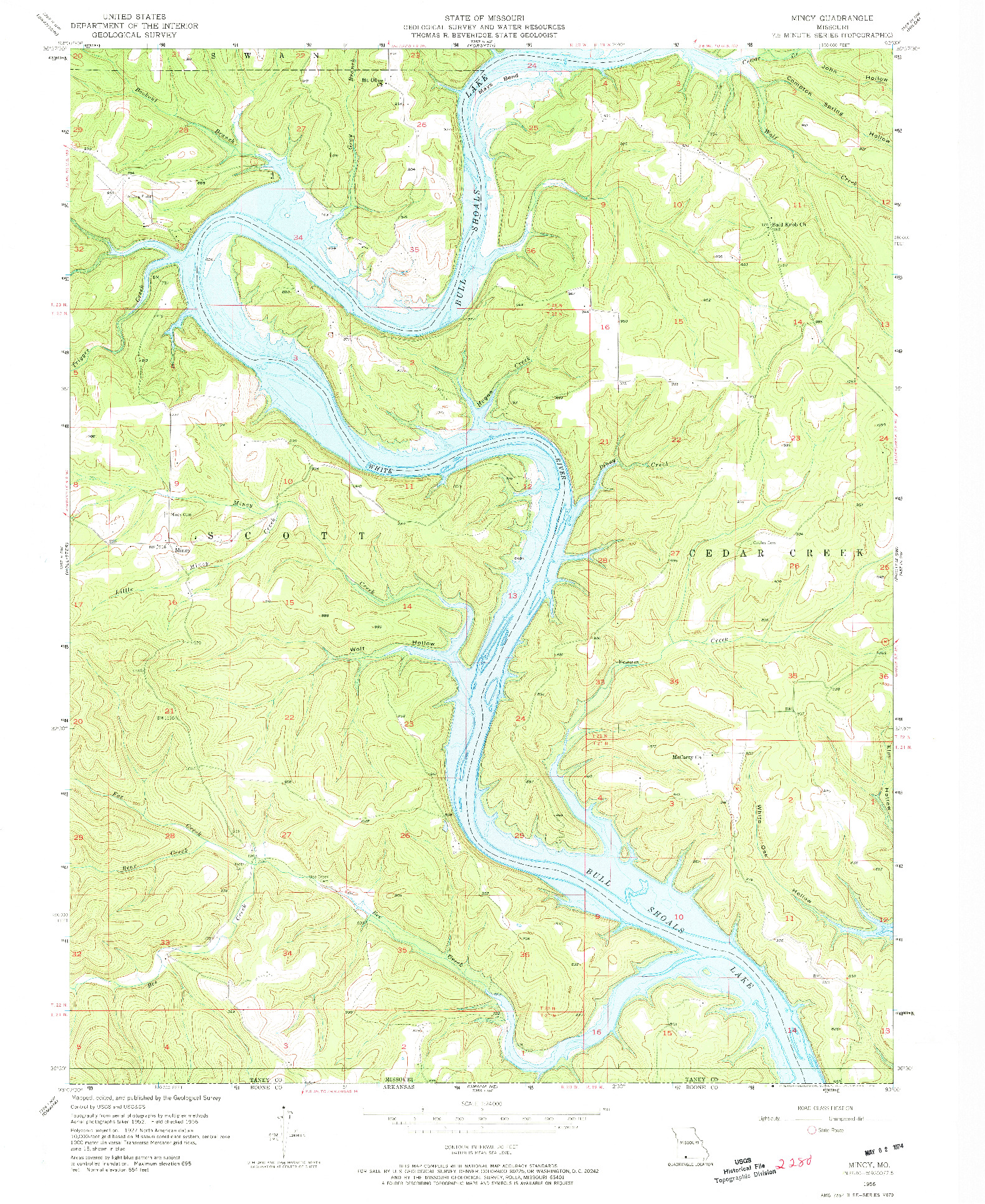 USGS 1:24000-SCALE QUADRANGLE FOR MINCY, MO 1956