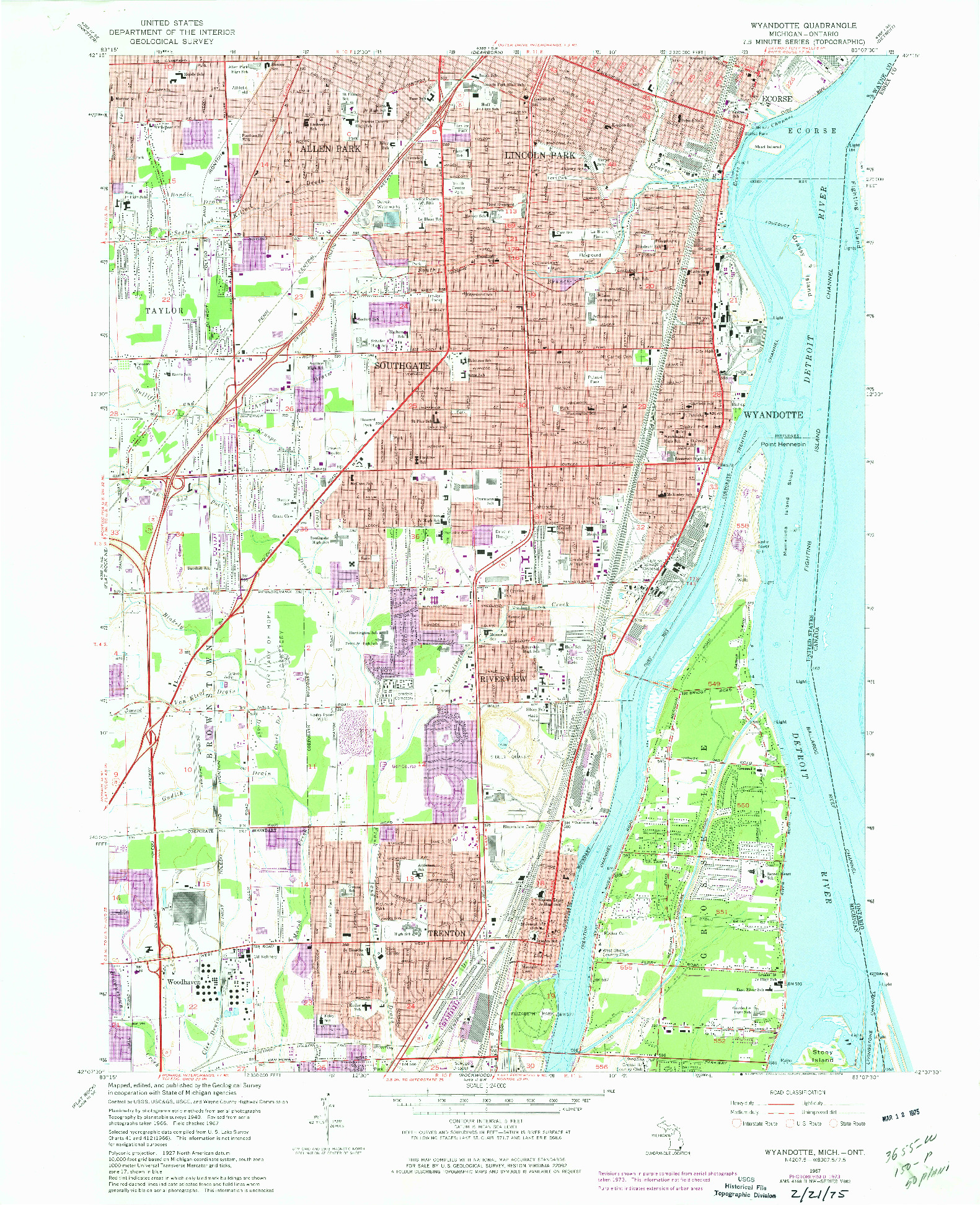 USGS 1:24000-SCALE QUADRANGLE FOR WYANDOTTE, MI 1967