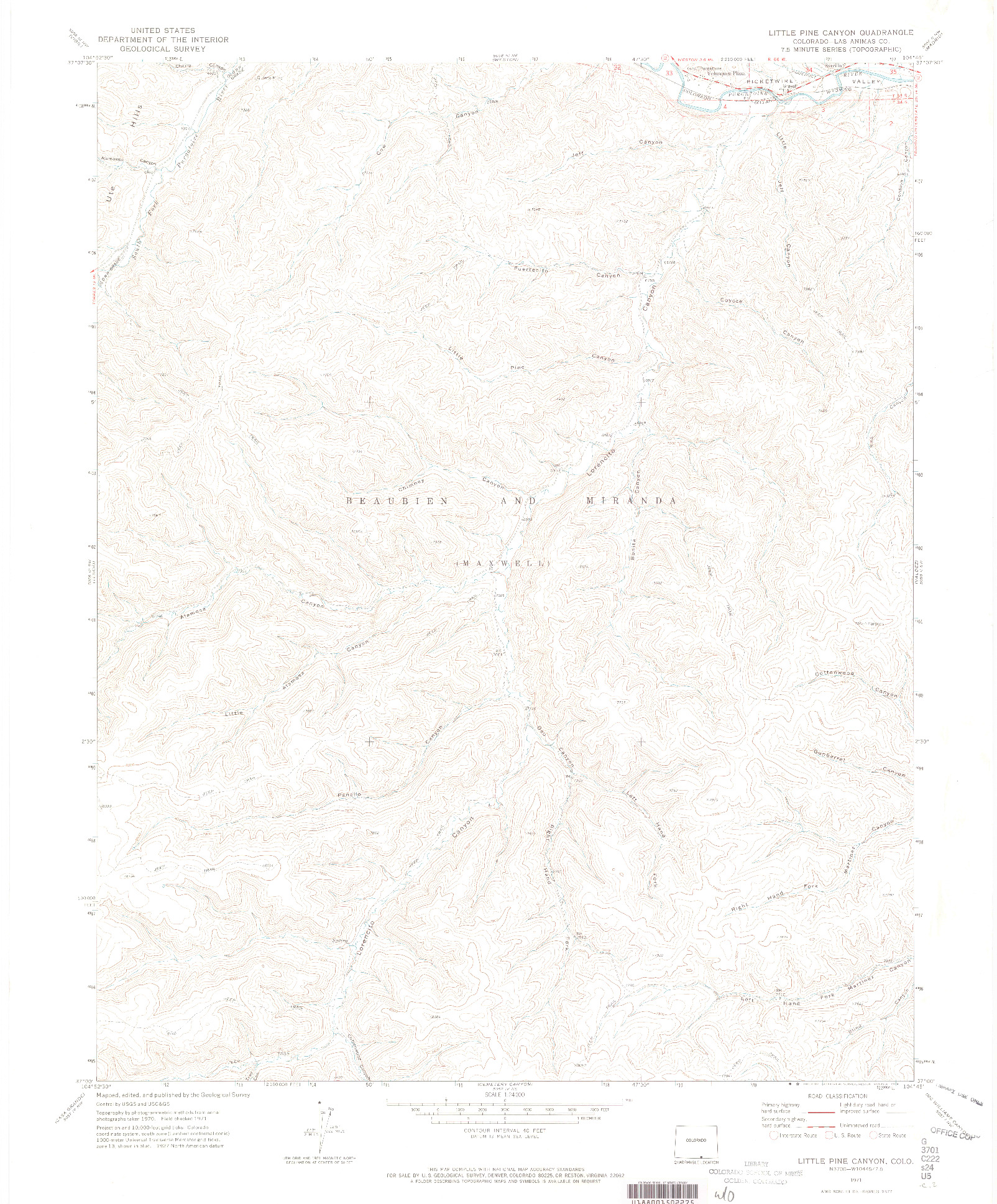 USGS 1:24000-SCALE QUADRANGLE FOR LITTLE PINE CANYON, CO 1971