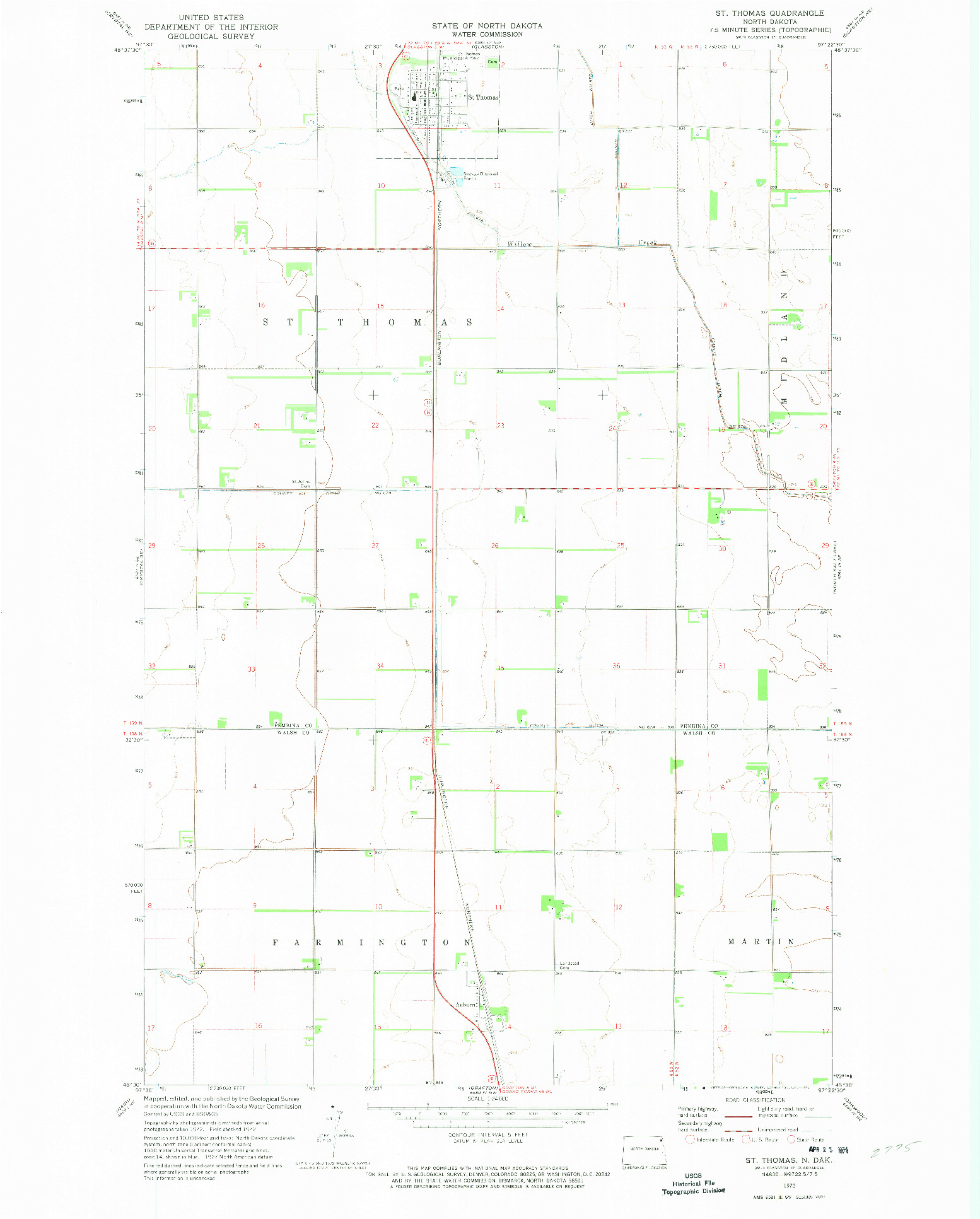 USGS 1:24000-SCALE QUADRANGLE FOR ST. THOMAS, ND 1972