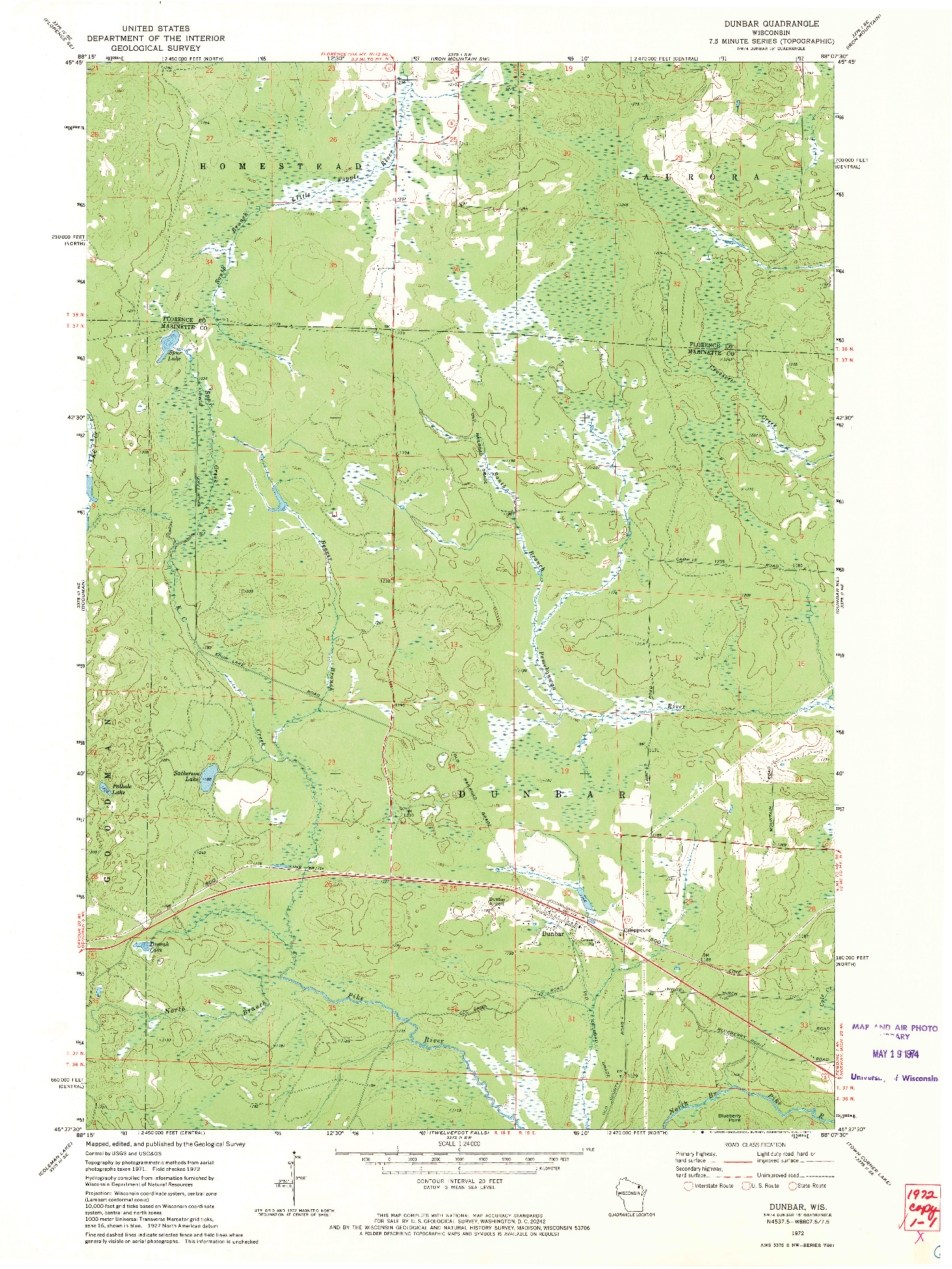USGS 1:24000-SCALE QUADRANGLE FOR DUNBAR, WI 1972