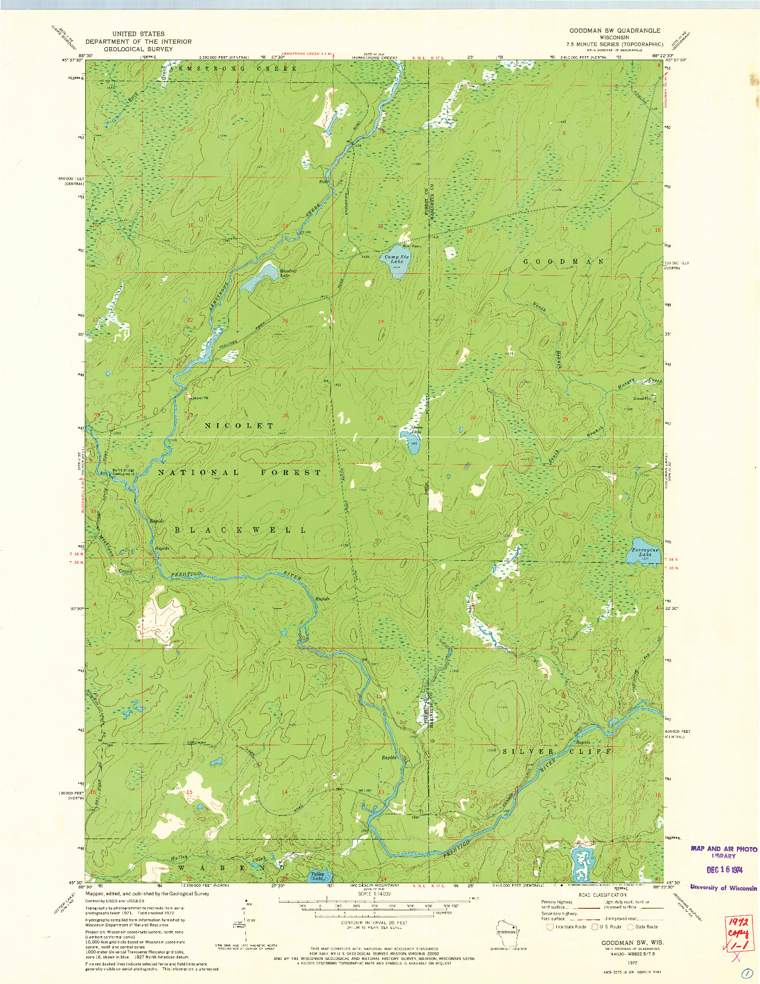 USGS 1:24000-SCALE QUADRANGLE FOR GOODMAN SW, WI 1972