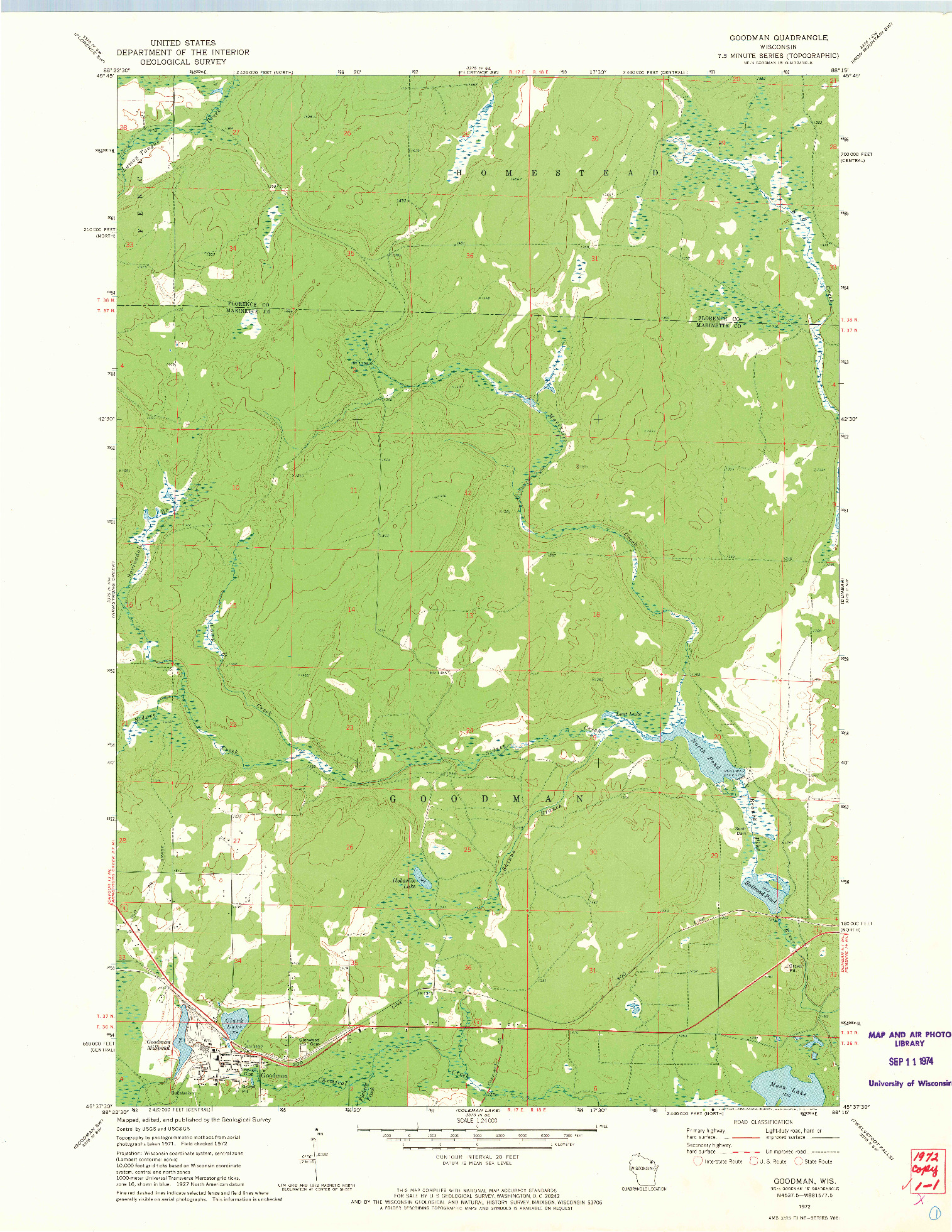 USGS 1:24000-SCALE QUADRANGLE FOR GOODMAN, WI 1972