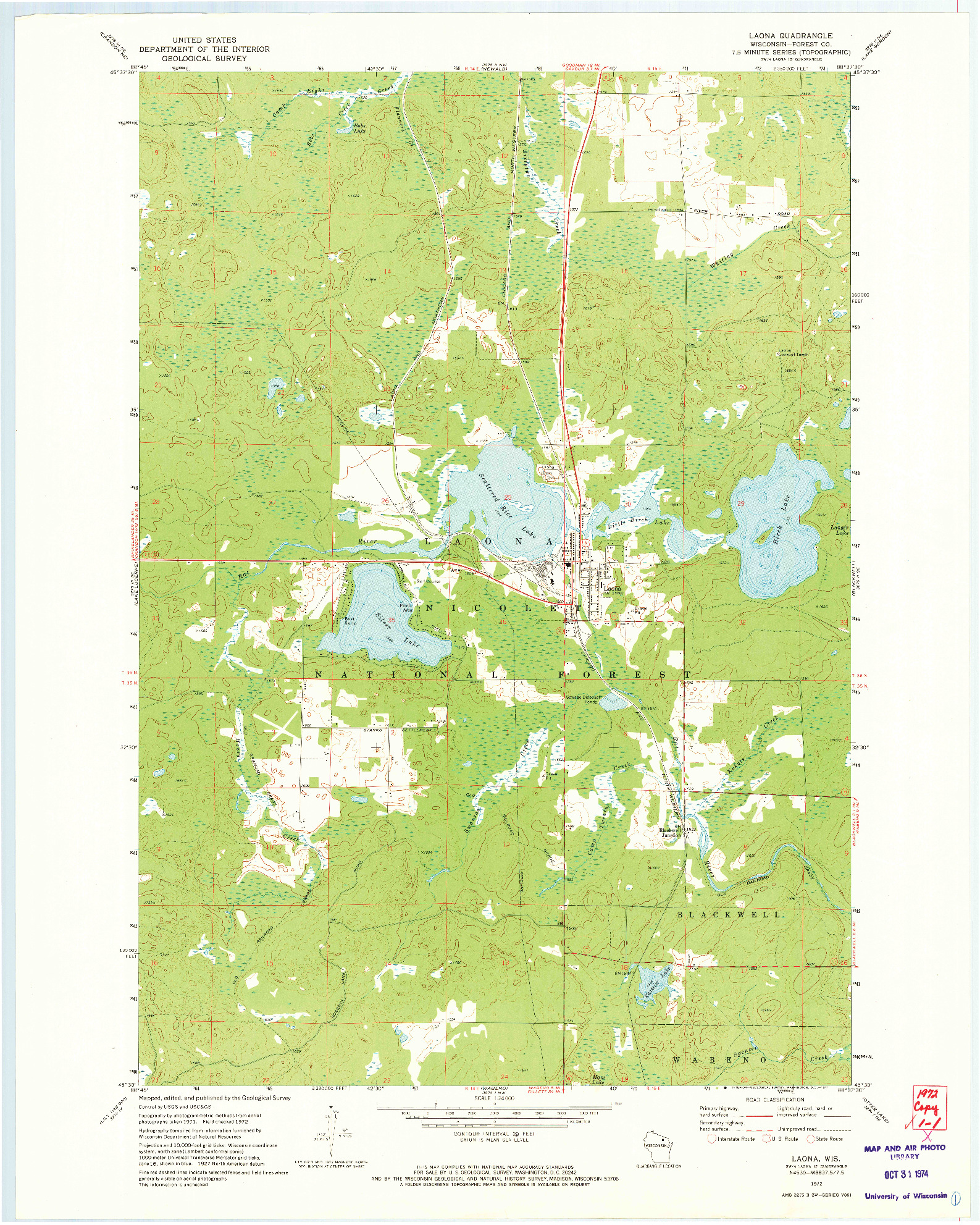 USGS 1:24000-SCALE QUADRANGLE FOR LAONA, WI 1972