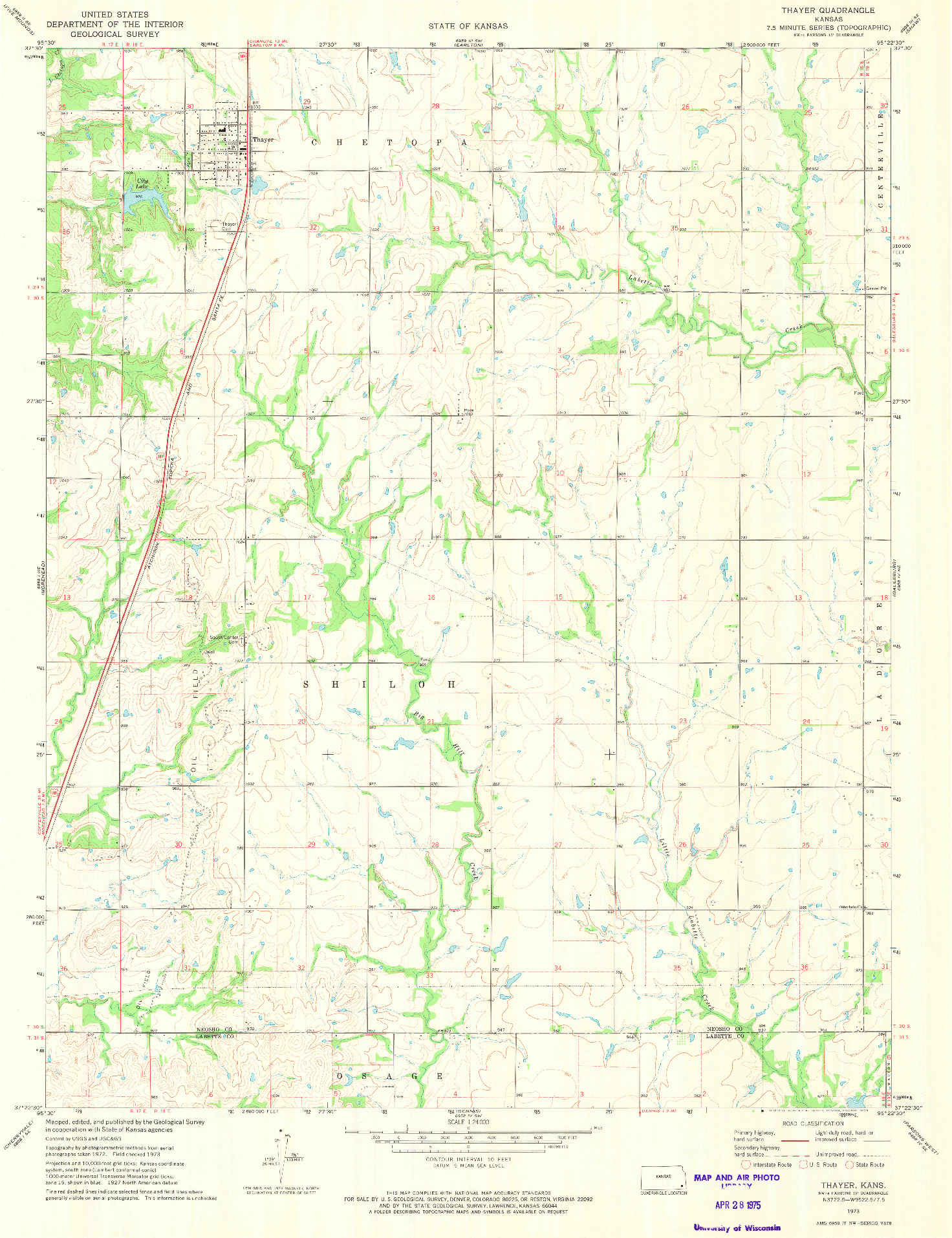USGS 1:24000-SCALE QUADRANGLE FOR THAYER, KS 1973