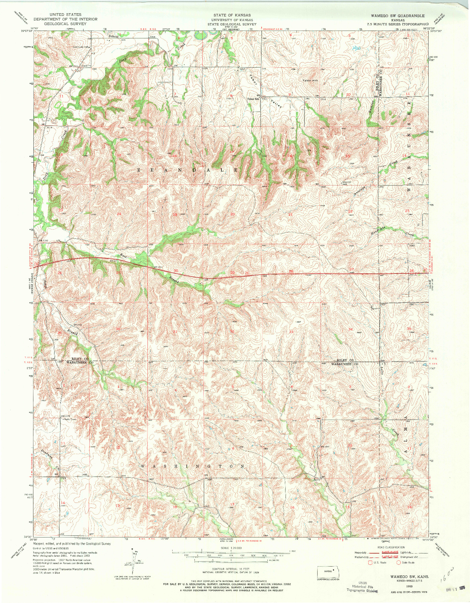 USGS 1:24000-SCALE QUADRANGLE FOR WAMEGO SW, KS 1953